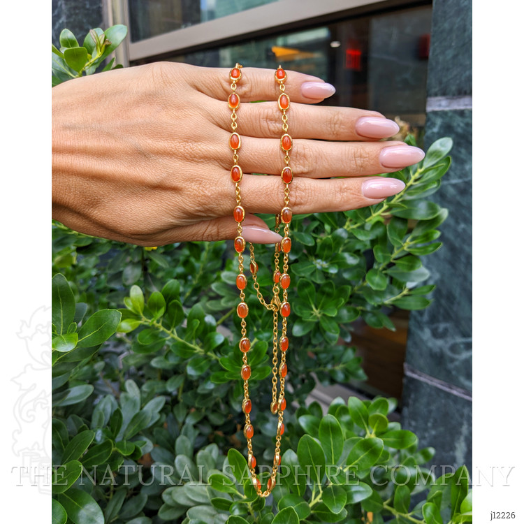 21.50 Ct. Orange Carnelian Bezel Necklace, 22K Gold Plated Silver