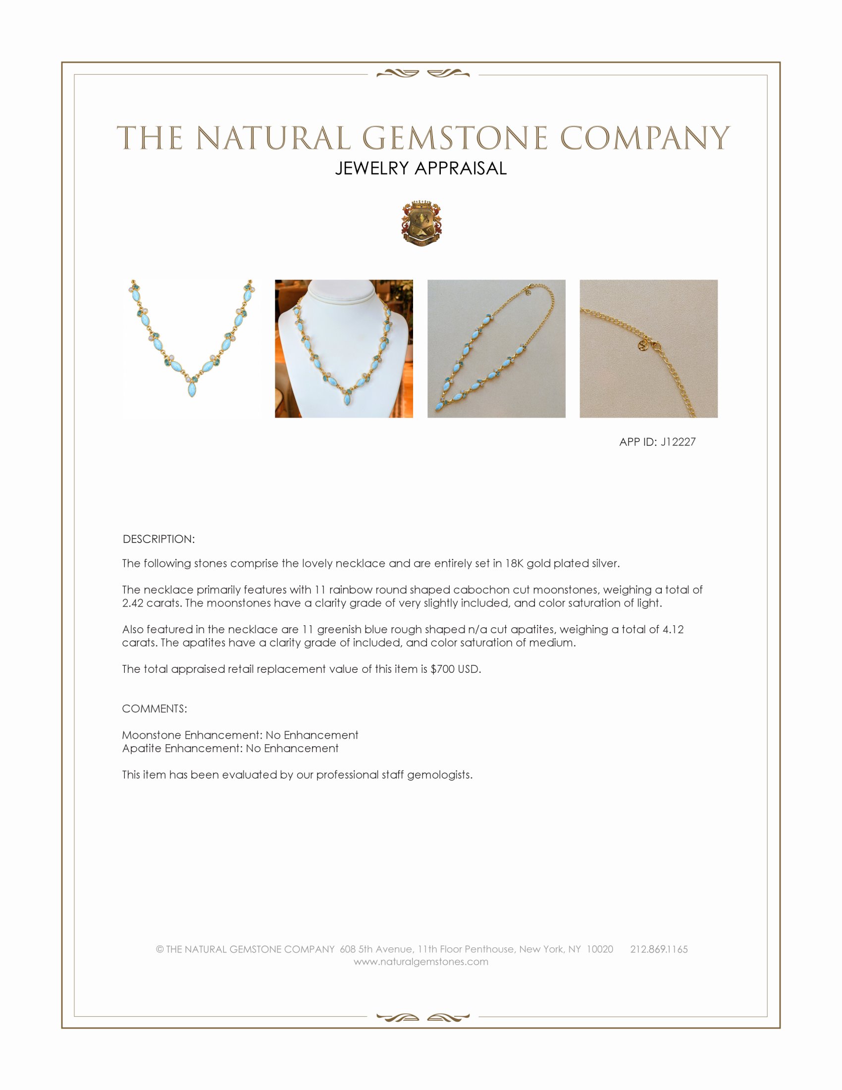 15.62 Ct.Tw. Blue Larimar, Rainbow Moonstone and Greenish Blue Apatite Bezel Necklace, 18K Gold Plated Silver