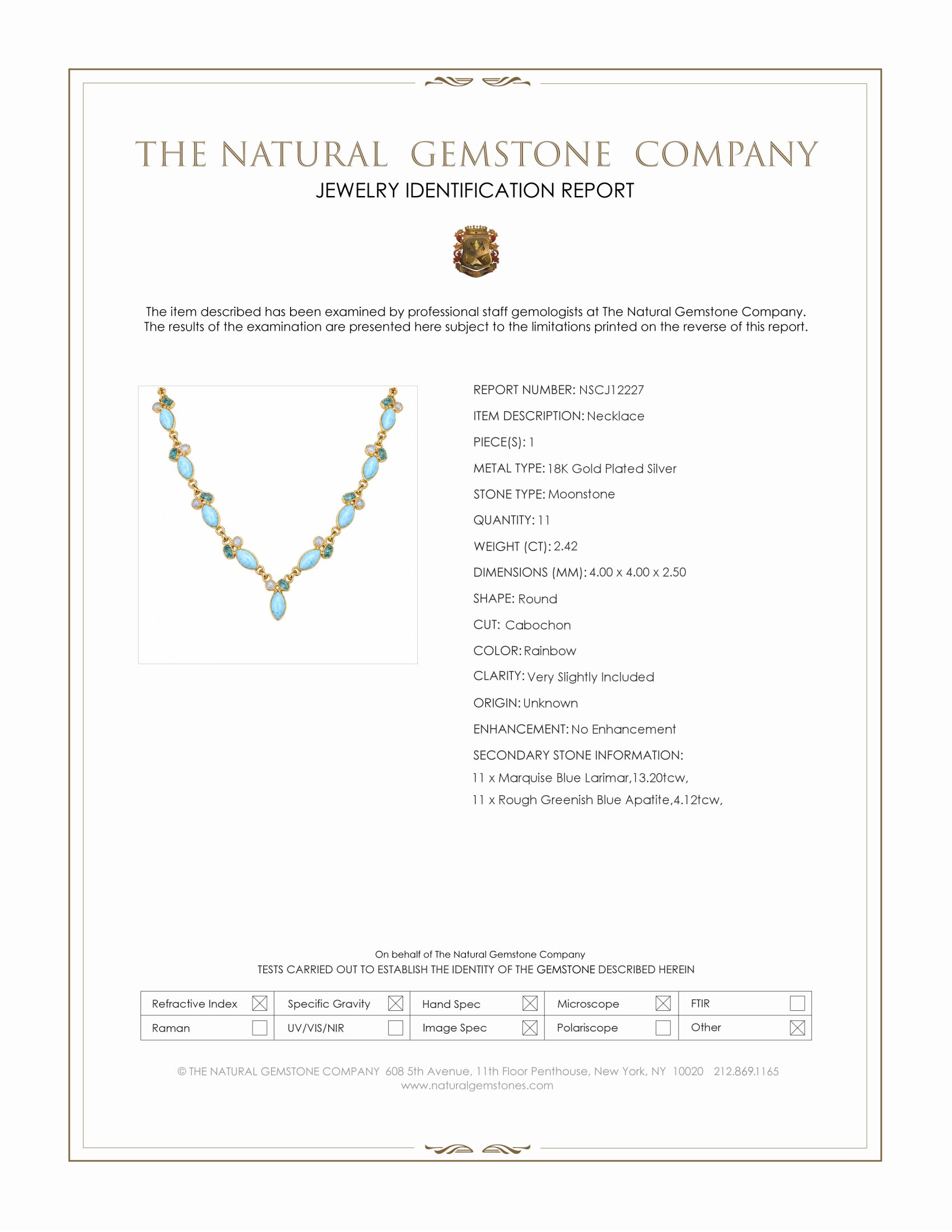 13.20 Ct. Blue Larimar, Greenish Blue Apatite and Rainbow Moonstone Bezel Necklace, 18K Gold Plated Silver