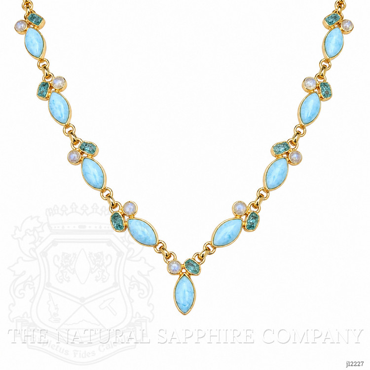 15.62 Ct.Tw. Blue Larimar, Rainbow Moonstone and Greenish Blue Apatite Bezel Necklace, 18K Gold Plated Silver