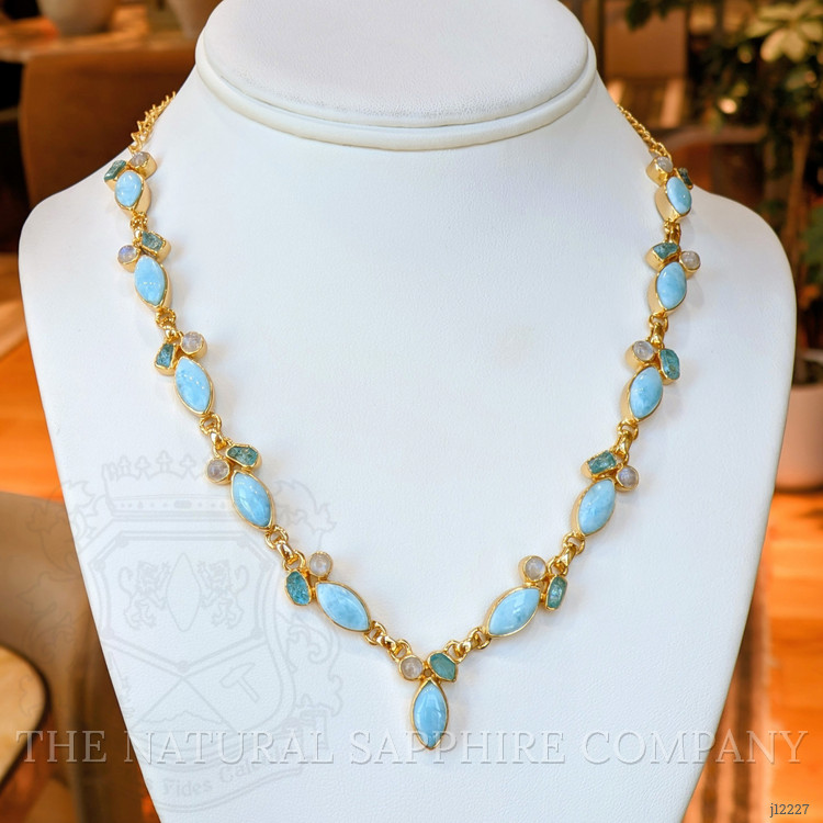 15.62 Ct.Tw. Blue Larimar, Rainbow Moonstone and Greenish Blue Apatite Bezel Necklace, 18K Gold Plated Silver