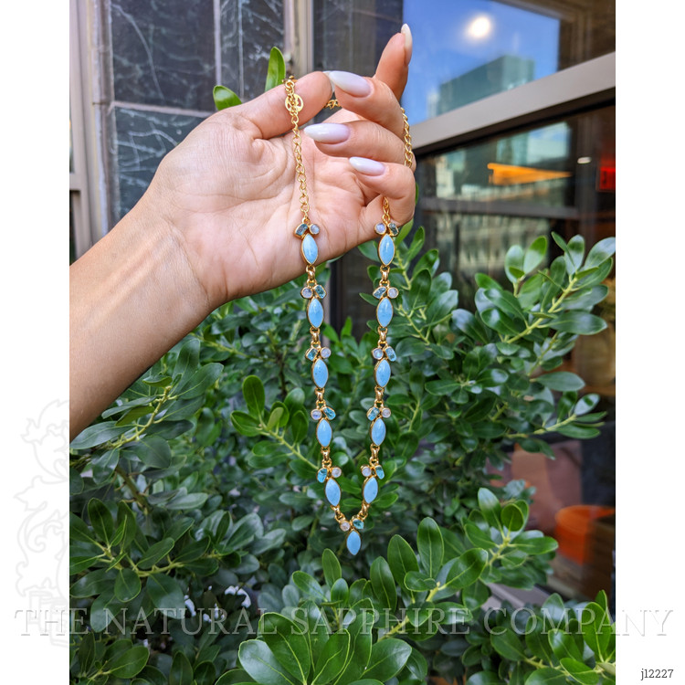 13.20 Ct. Blue Larimar, Greenish Blue Apatite and Rainbow Moonstone Bezel Necklace, 18K Gold Plated Silver