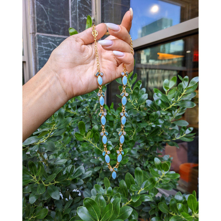 13.20 Ct. Blue Larimar, Greenish Blue Apatite and Rainbow Moonstone Bezel Necklace, 18K Gold Plated Silver