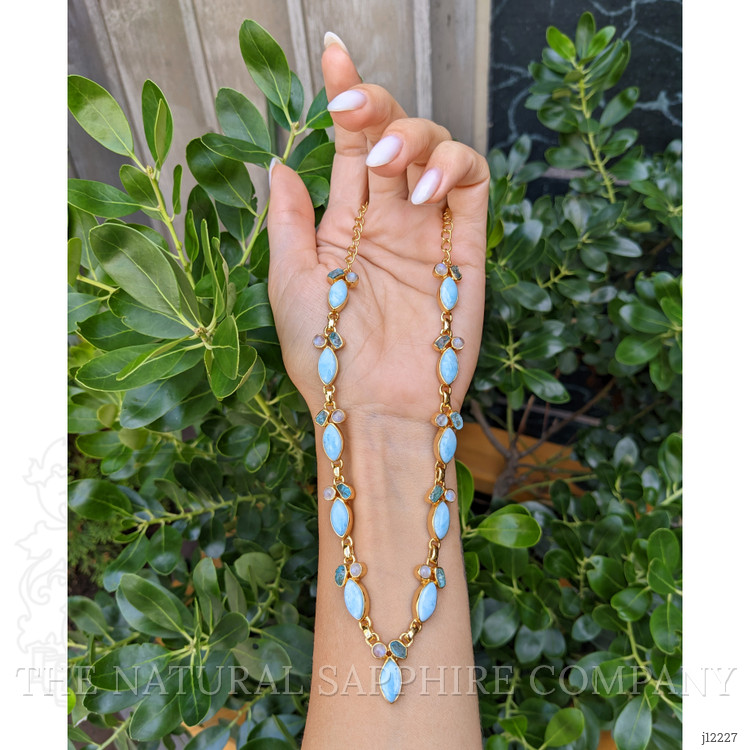 13.20 Ct. Blue Larimar, Greenish Blue Apatite and Rainbow Moonstone Bezel Necklace, 18K Gold Plated Silver