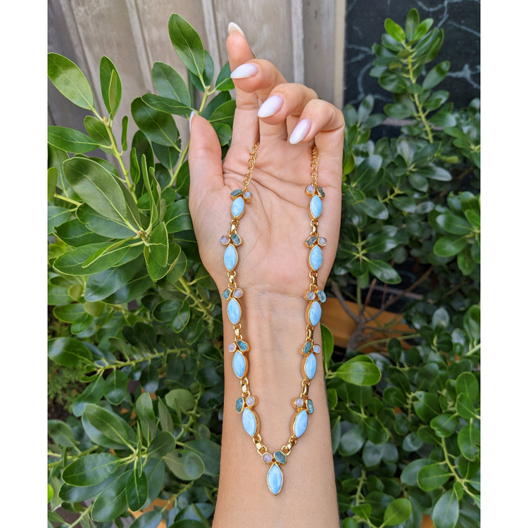 13.20 Ct. Blue Larimar, Greenish Blue Apatite and Rainbow Moonstone Bezel Necklace, 18K Gold Plated Silver