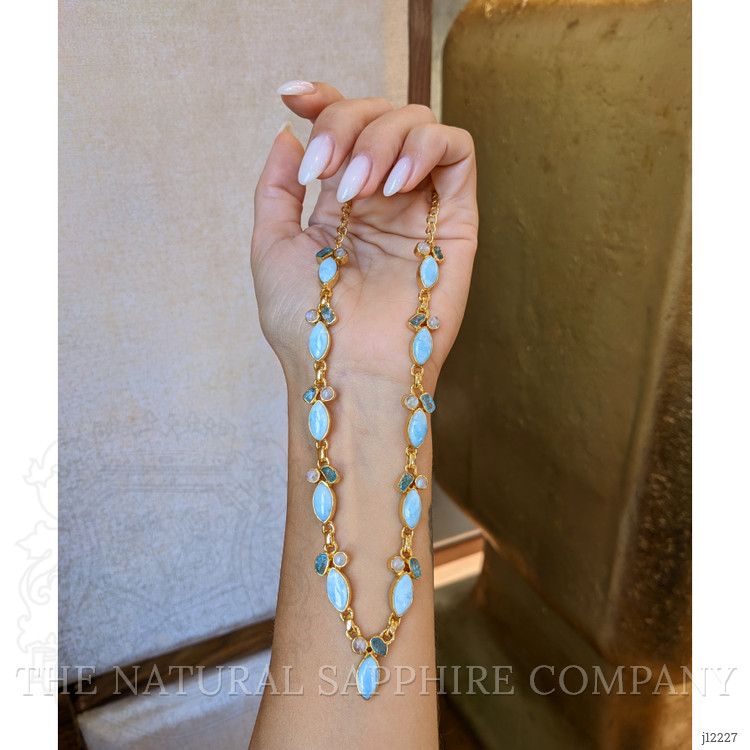 13.20 Ct. Blue Larimar, Greenish Blue Apatite and Rainbow Moonstone Bezel Necklace, 18K Gold Plated Silver