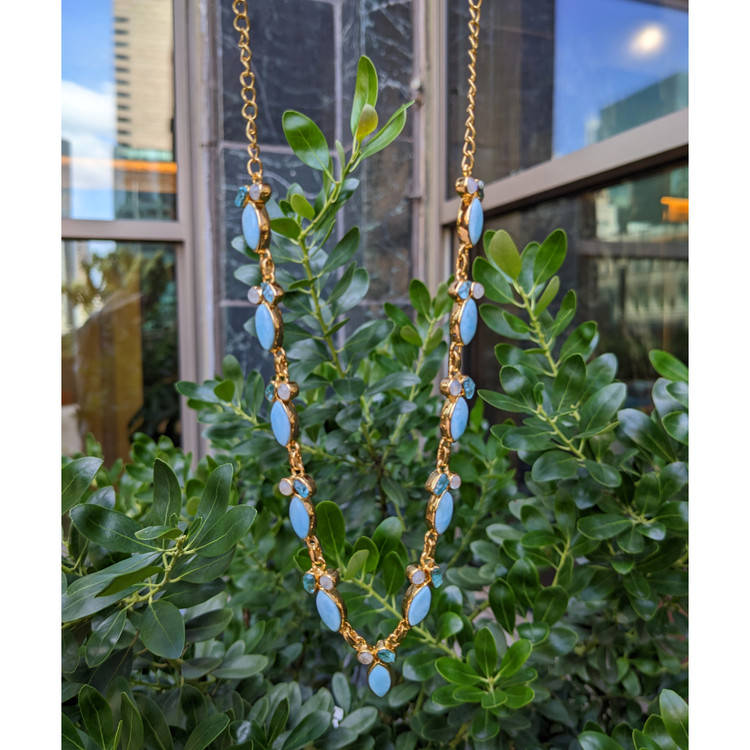 13.20 Ct. Blue Larimar, Greenish Blue Apatite and Rainbow Moonstone Bezel Necklace, 18K Gold Plated Silver