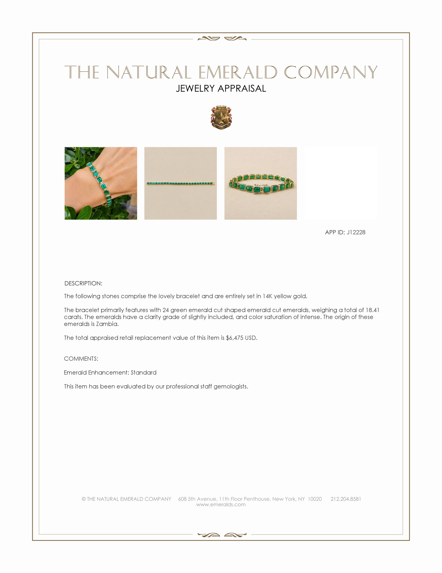 18.41 Ct.Tw. Emerald Bezel Bracelet, 14K Yellow Gold
