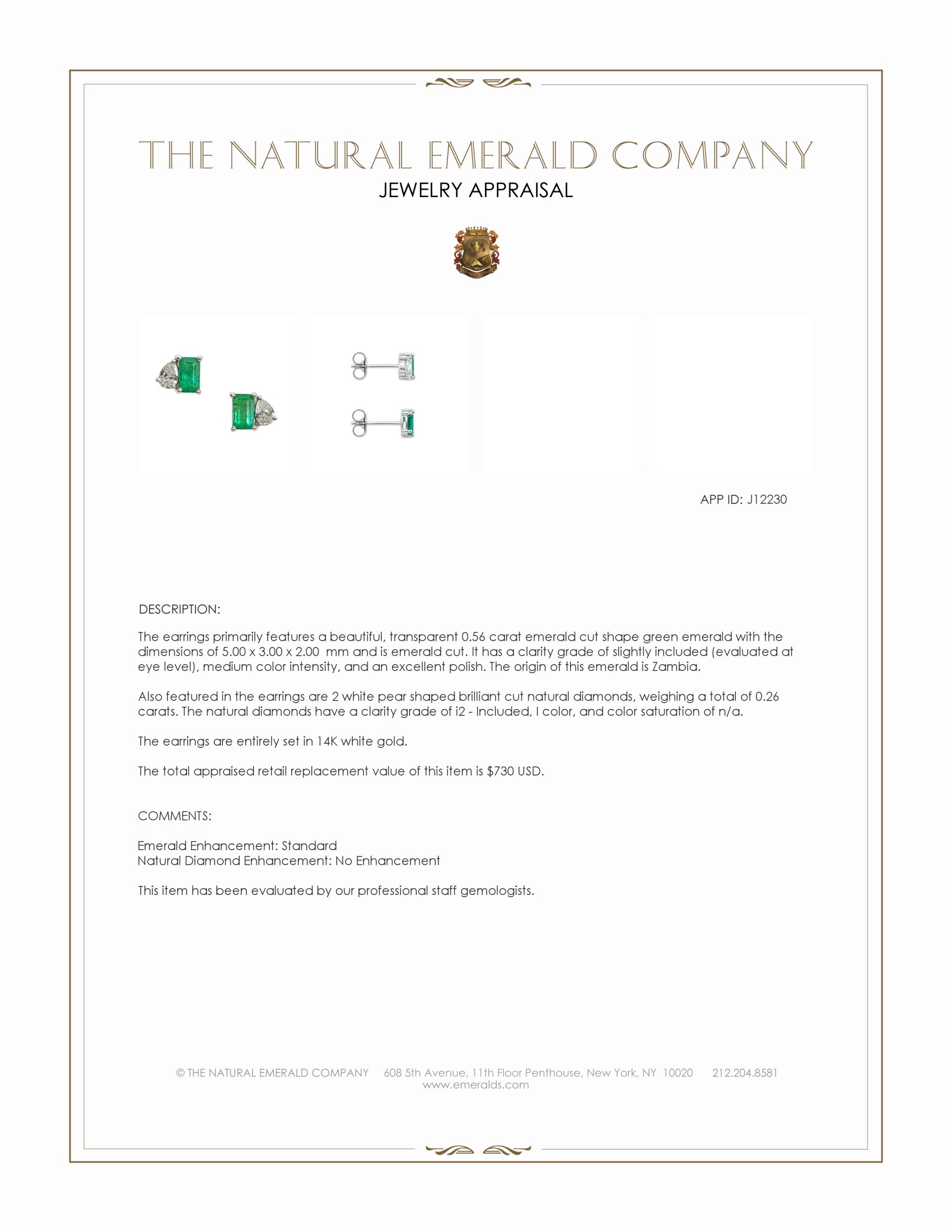 0.56 Ct.Tw. Emerald and Natural Diamond Studs Earrings, 14K White Gold