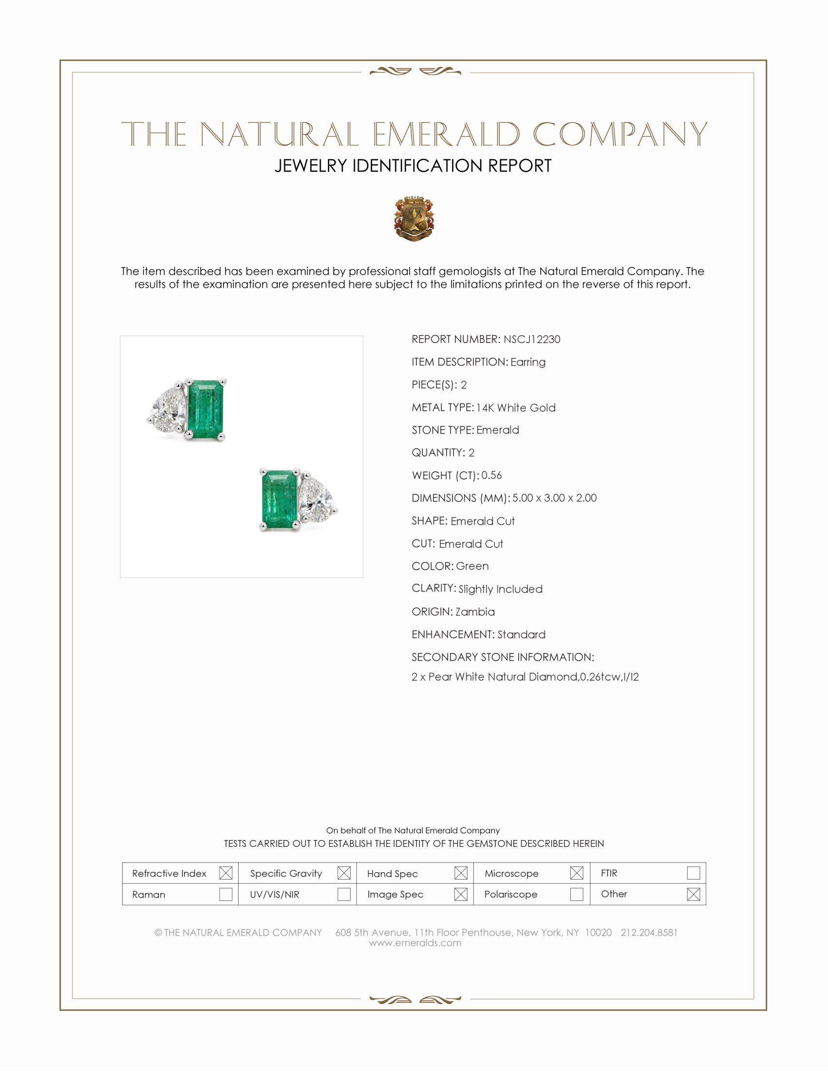 0.56 Ct.Tw. Emerald and Natural Diamond Studs Earrings, 14K White Gold