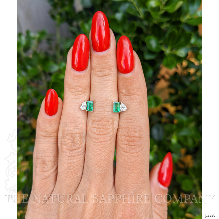 0.56 Ct.Tw. Emerald and Natural Diamond Studs Earrings, 14K White Gold