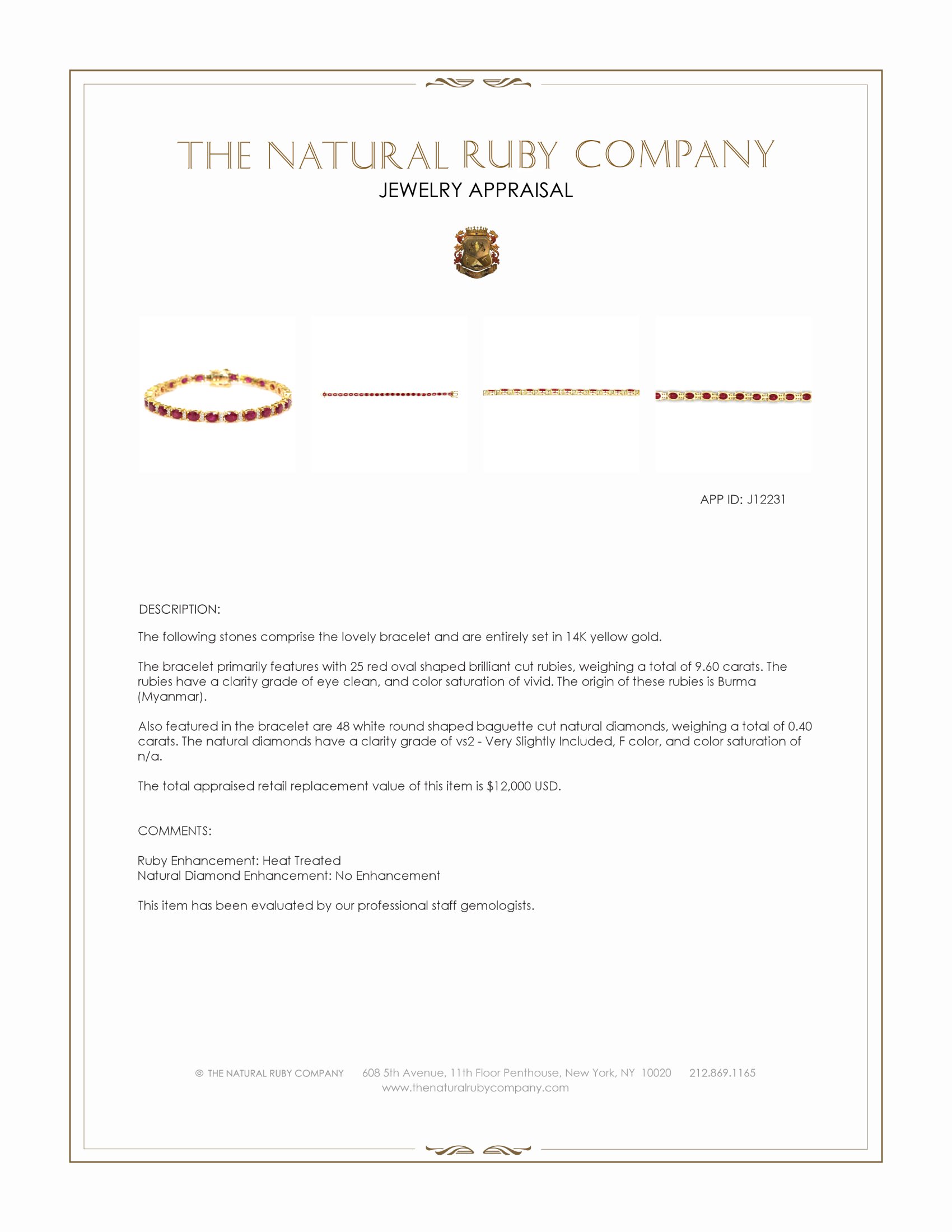 9.60 Ct.Tw. Ruby and Natural Diamond Tennis/Line Bracelet, 14K Yellow Gold