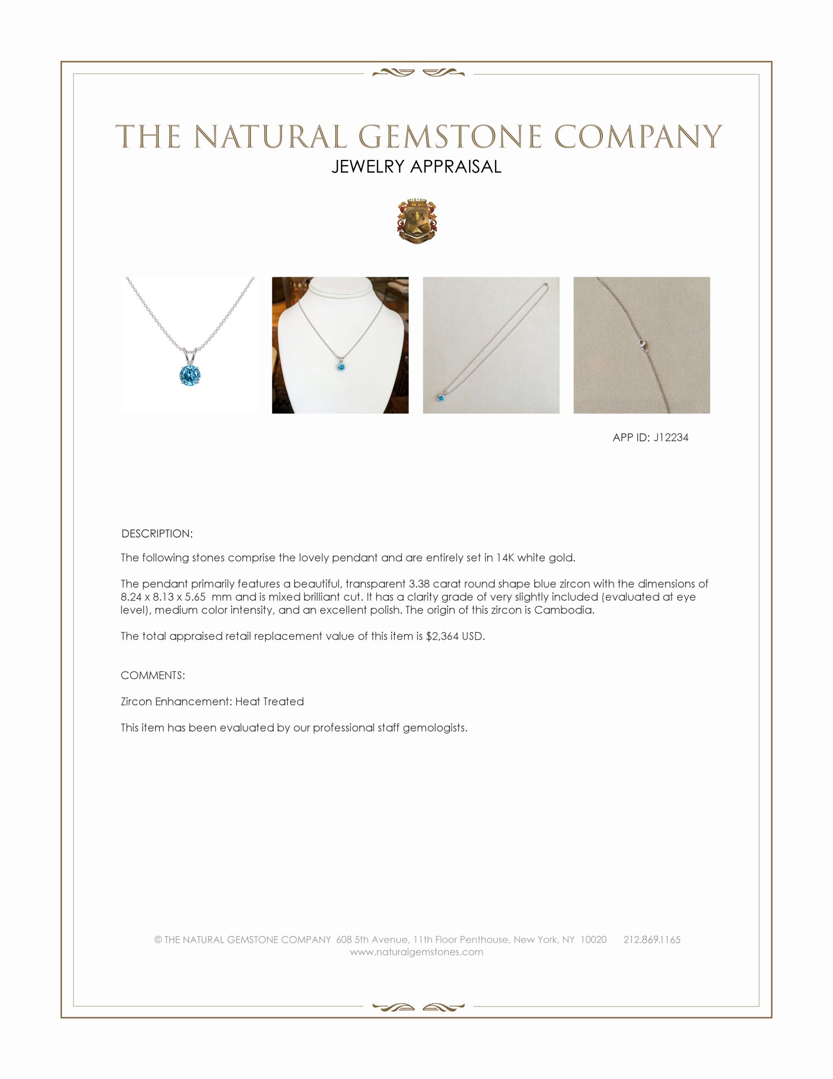 3.38 Ct. Blue Zircon Solitaire Pendant, 14K White Gold