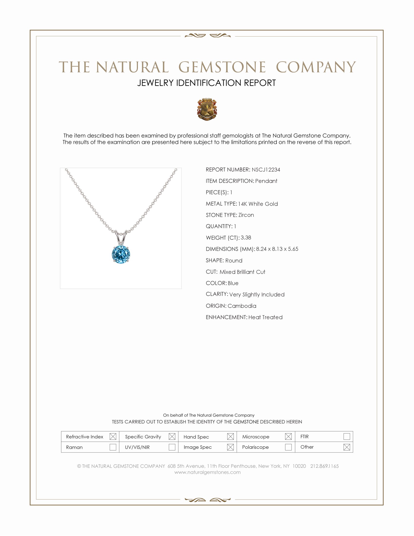 3.38 Ct. Blue Zircon Solitaire Pendant, 14K White Gold
