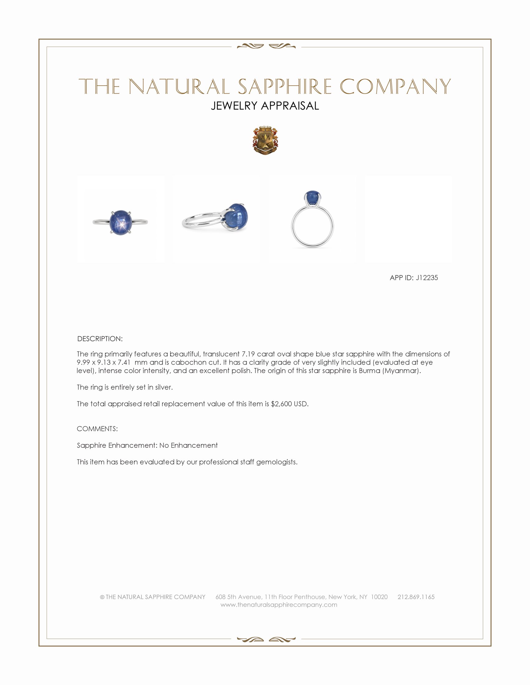 7.19 Ct. Blue Sapphire Solitaire Ring, Silver