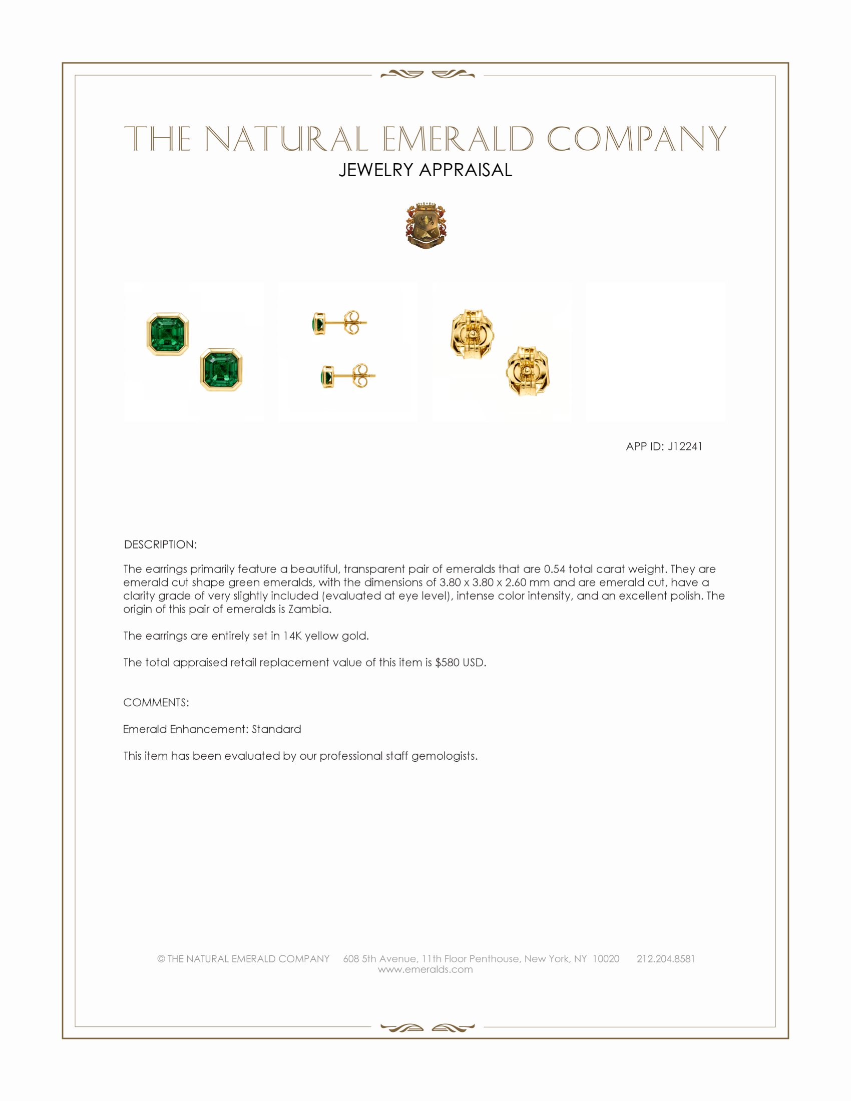 0.54 Ct.Tw. Emerald Studs Earrings, 14K Yellow Gold