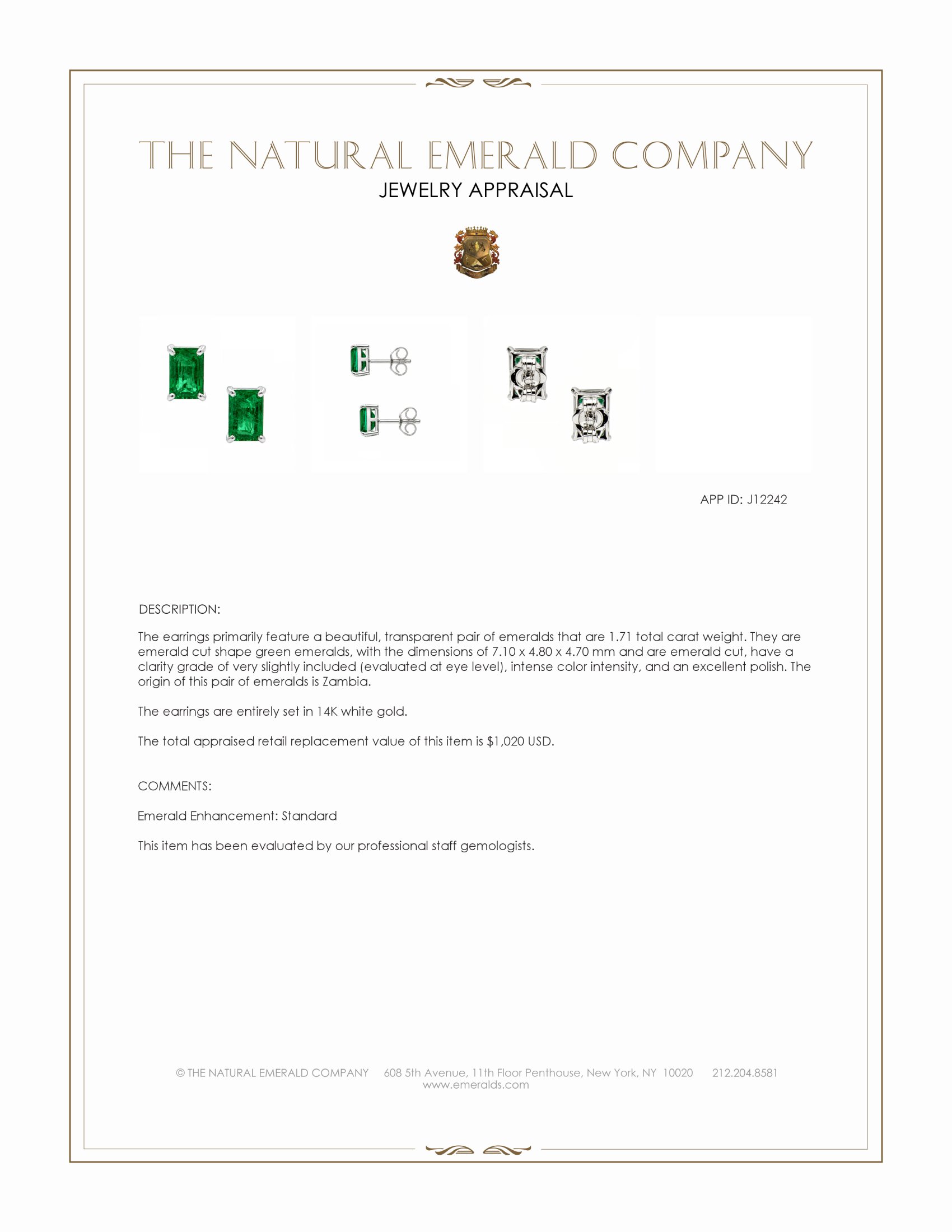 1.71 Ct.Tw. Emerald Studs Earrings, 14K White Gold