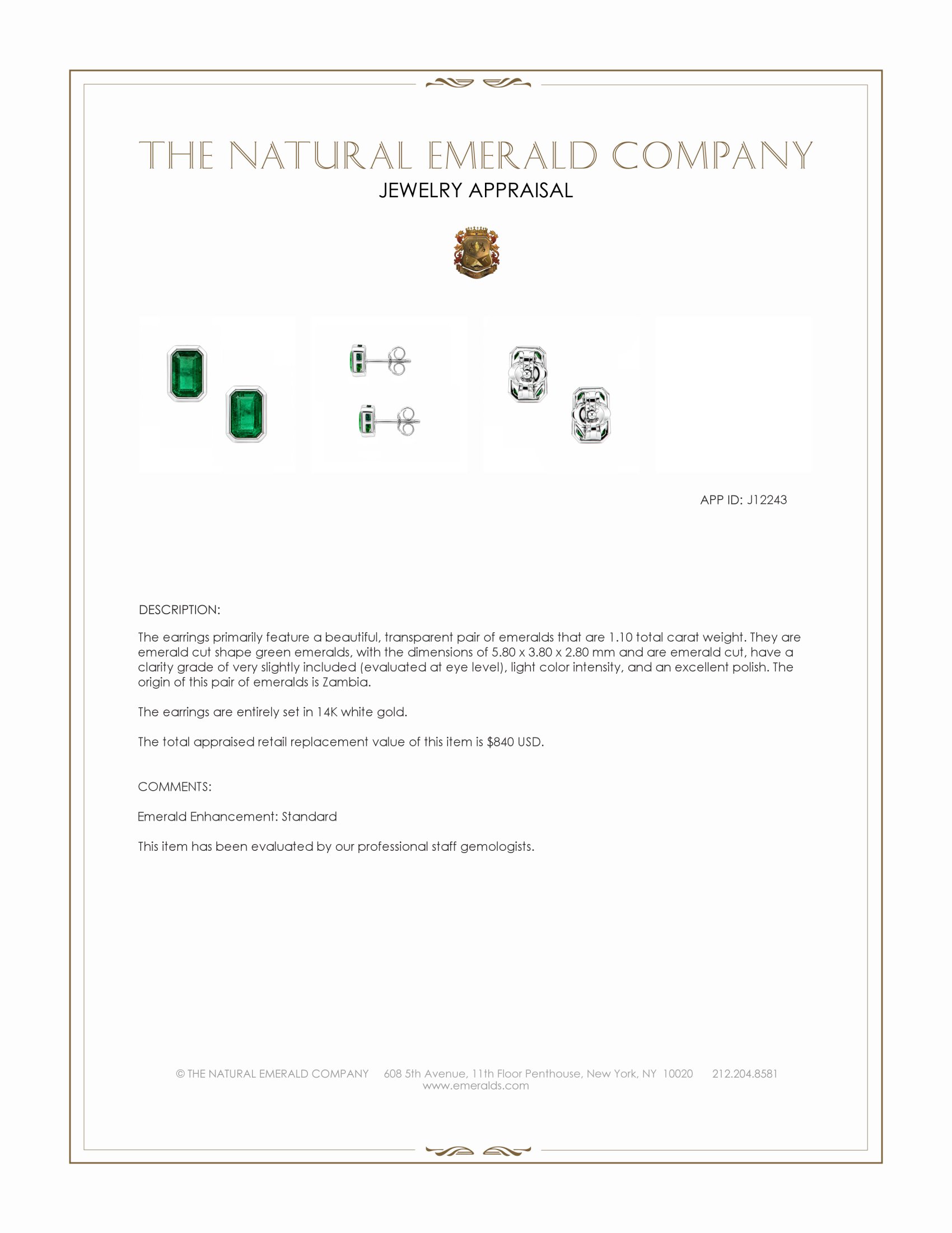 1.10 Ct.Tw. Emerald Studs Earrings, 14K White Gold