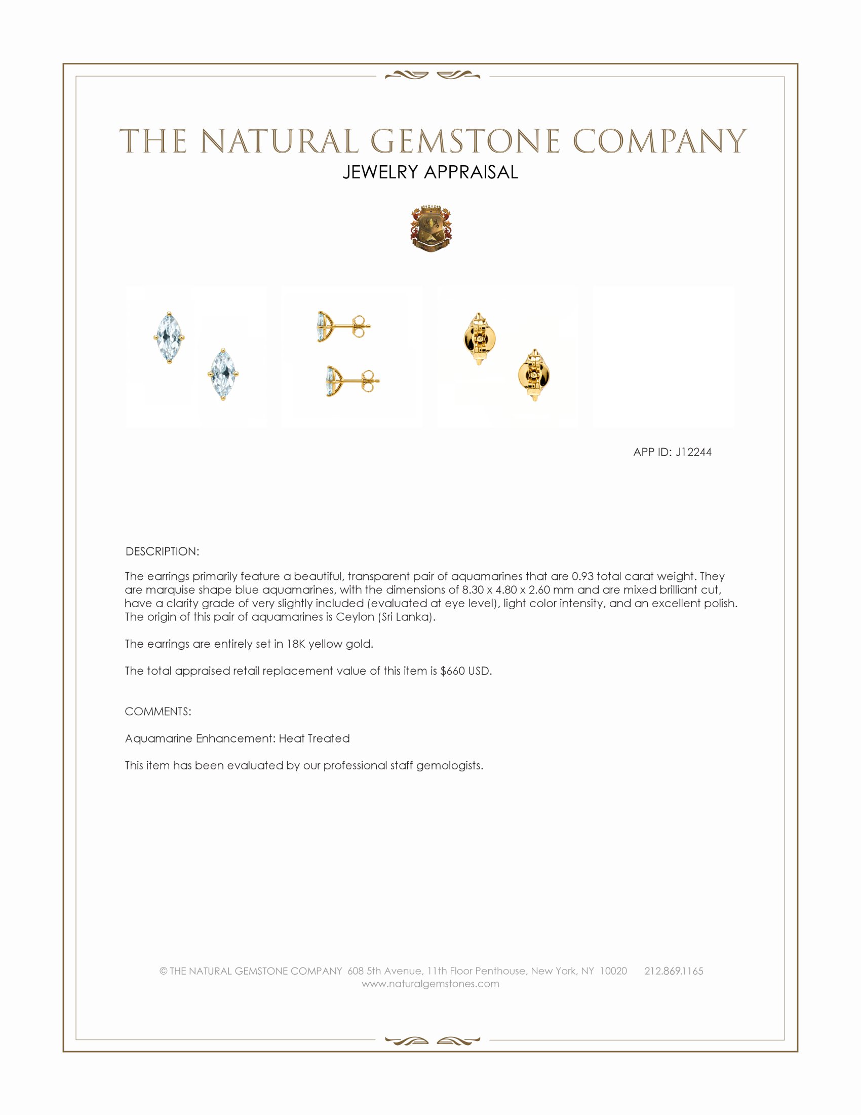 0.93 Ct.Tw. Blue Aquamarine Studs Earrings, 18K Yellow Gold