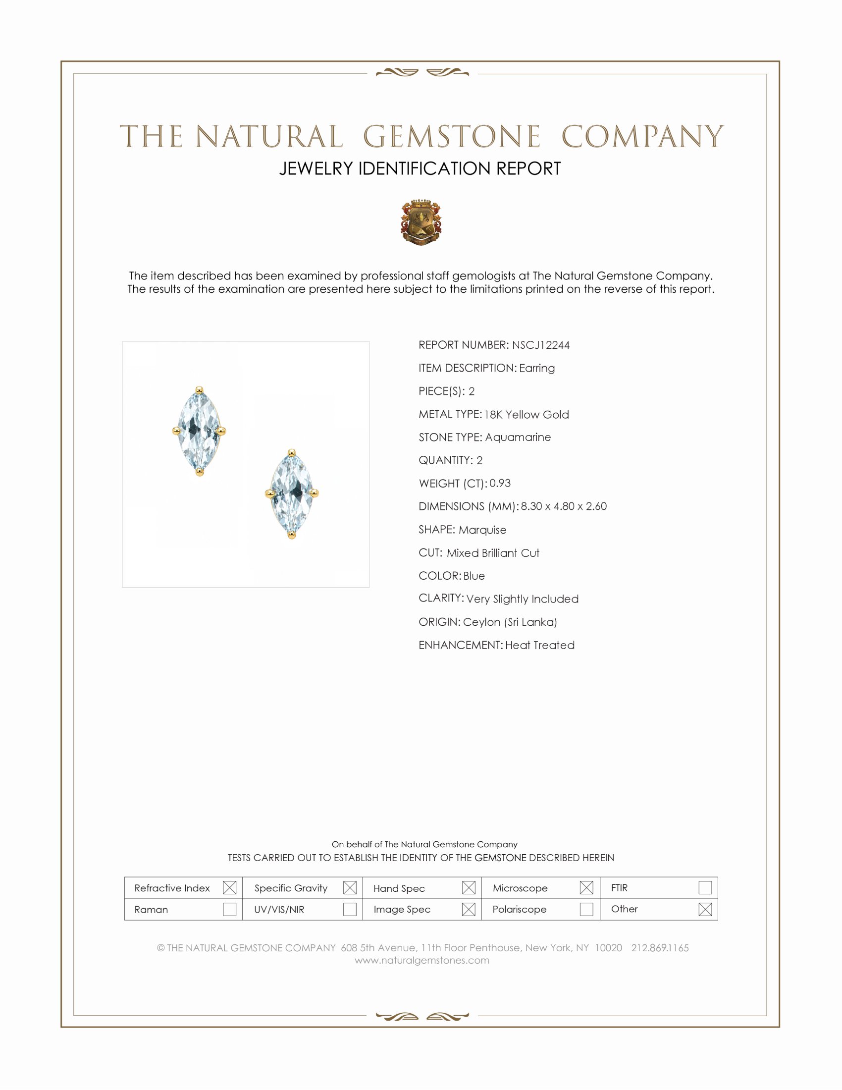 0.93 Ct.Tw. Blue Aquamarine Studs Earrings, 18K Yellow Gold