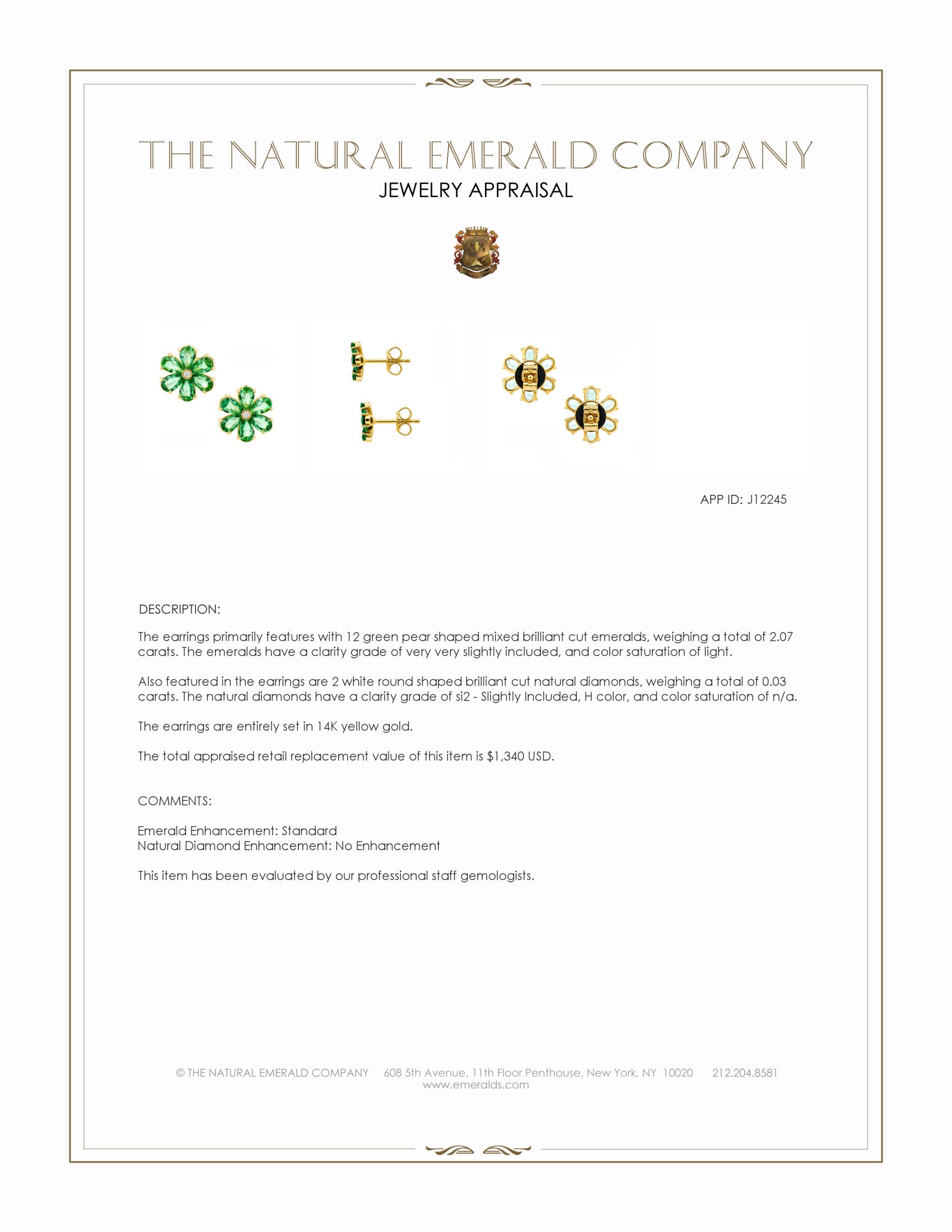 2.07 Ct.Tw. Emerald and Natural Diamond Studs Earrings, 14K Yellow Gold