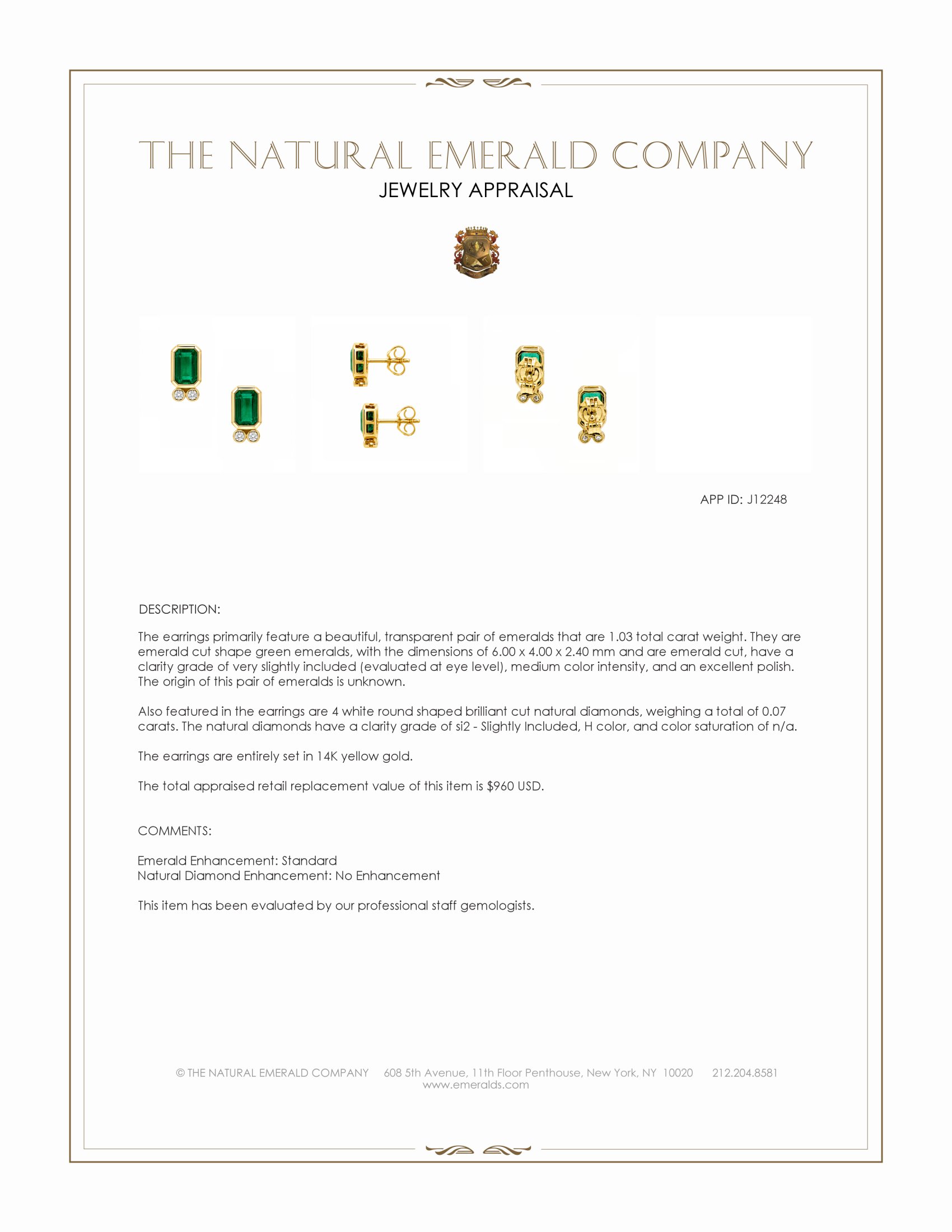 1.03 Ct.Tw. Emerald and Natural Diamond Studs Earrings, 14K Yellow Gold