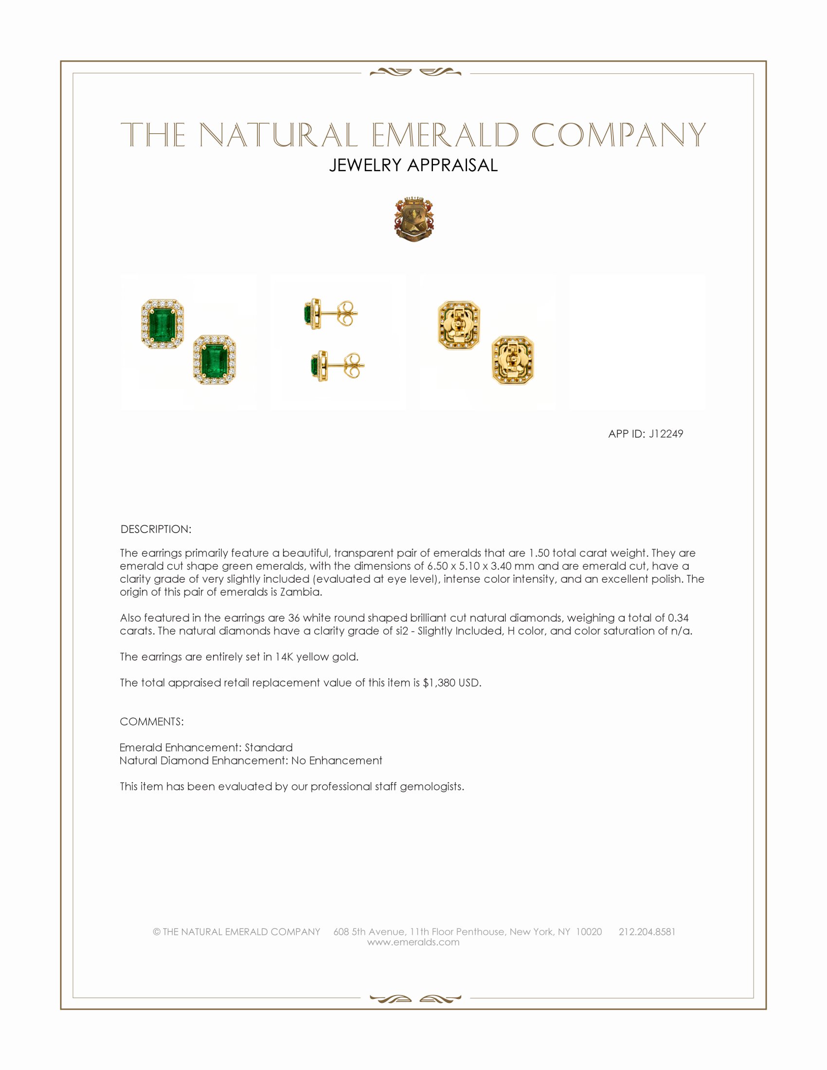 1.50 Ct.Tw. Emerald and Natural Diamond Studs Earrings, 14K Yellow Gold