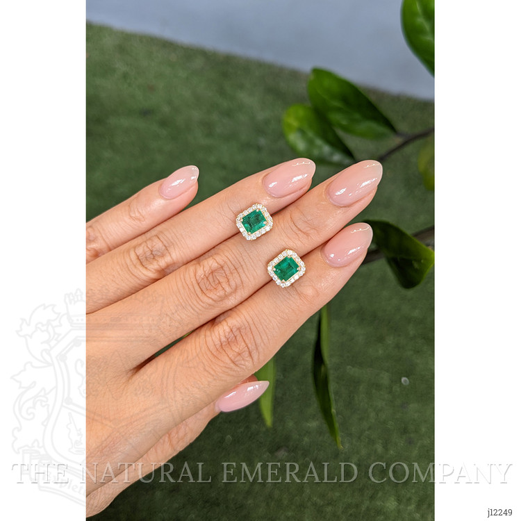 1.50 Ct.Tw. Emerald and Natural Diamond Studs Earrings, 14K Yellow Gold