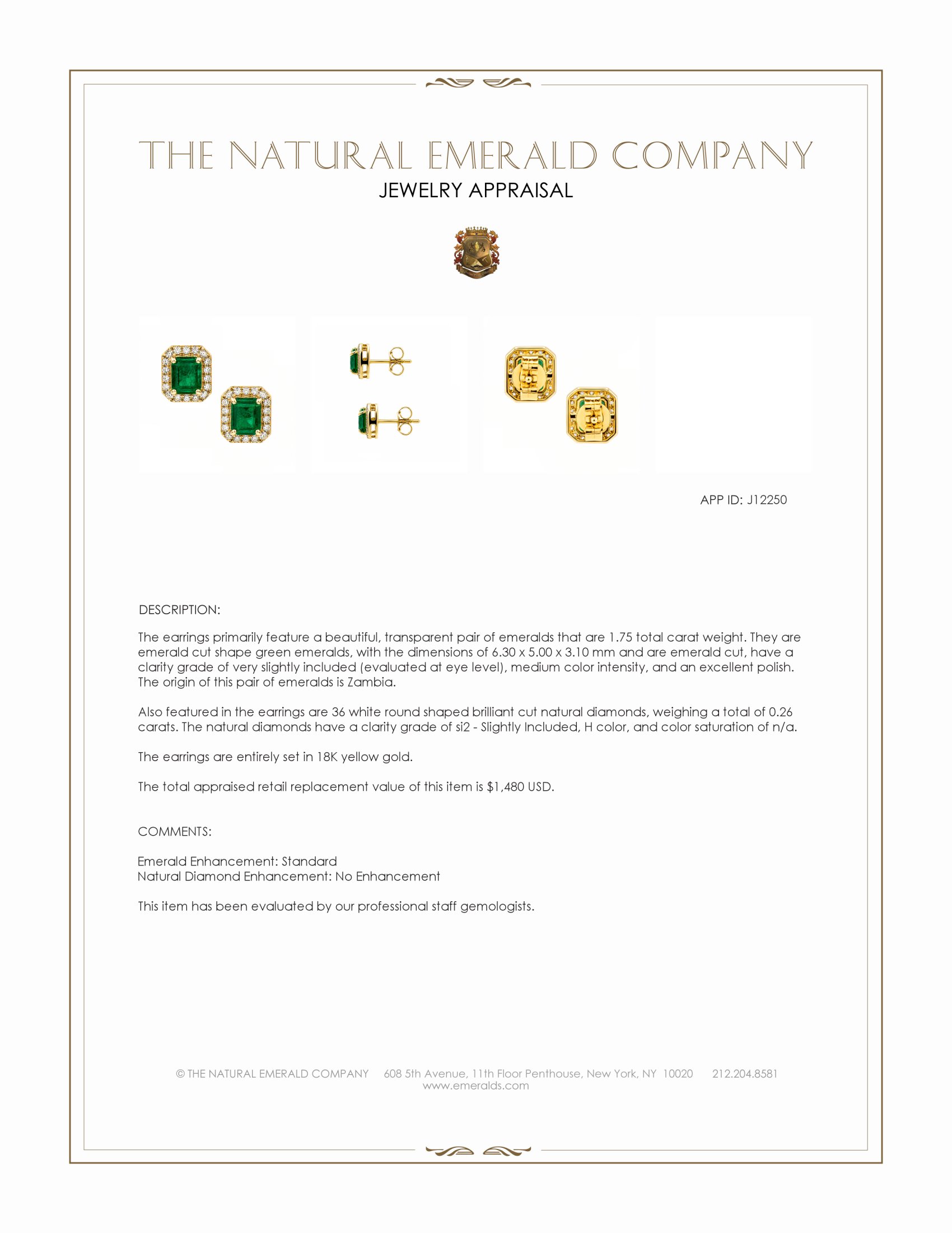 1.75 Ct.Tw. Emerald and Natural Diamond Studs Earrings, 18K Yellow Gold