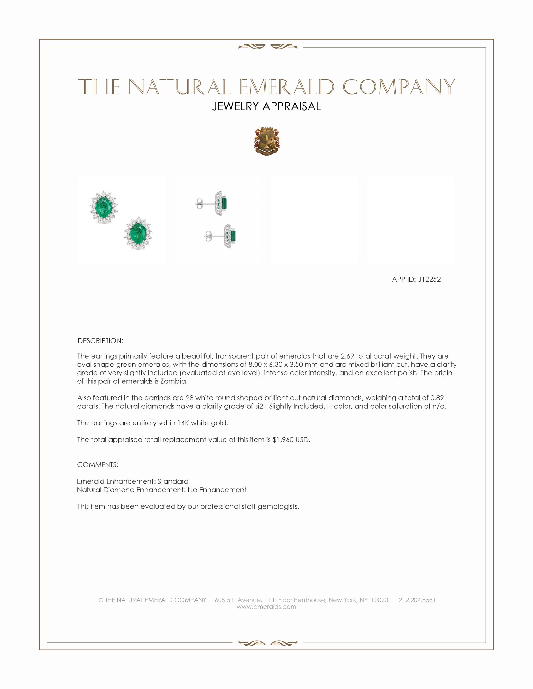 2.69 Ct.Tw. Emerald and Natural Diamond Studs Earrings, 14K White Gold