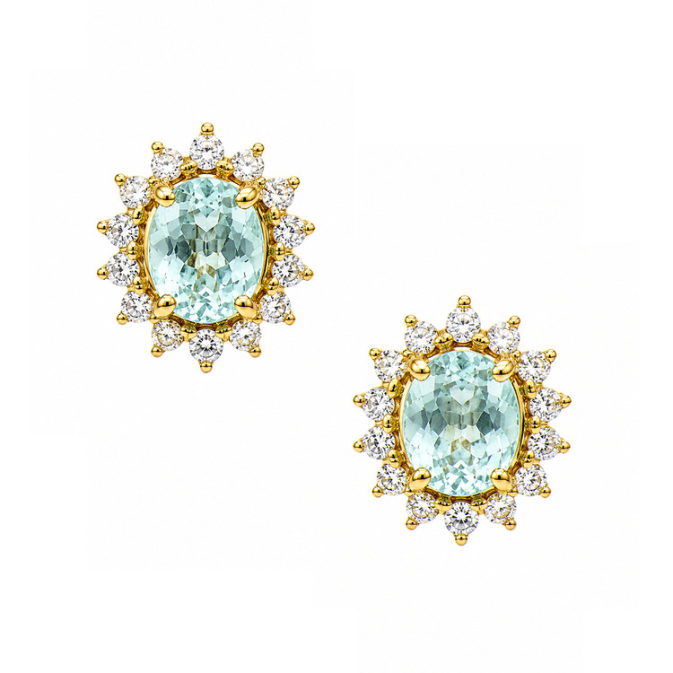 0.78 Ct.Tw. Blue Paraiba Tourmaline and Natural Diamond Studs Earrings, 14K Yellow Gold