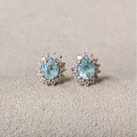 0.78 Ct.Tw.Total Carat Weight Blue Paraiba Tourmaline and Natural Diamond Studs Earrings, 14K Yellow Gold Life Style