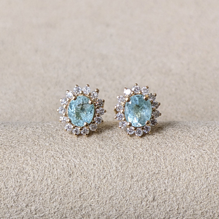 0.78 Ct.Tw. Blue Paraiba Tourmaline and Natural Diamond Studs Earrings, 14K Yellow Gold