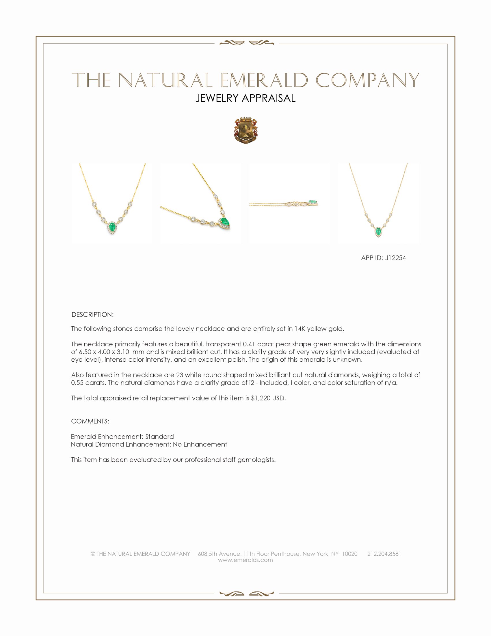 0.41 Ct. Emerald and Natural Diamond Pave Necklace, 14K Yellow Gold