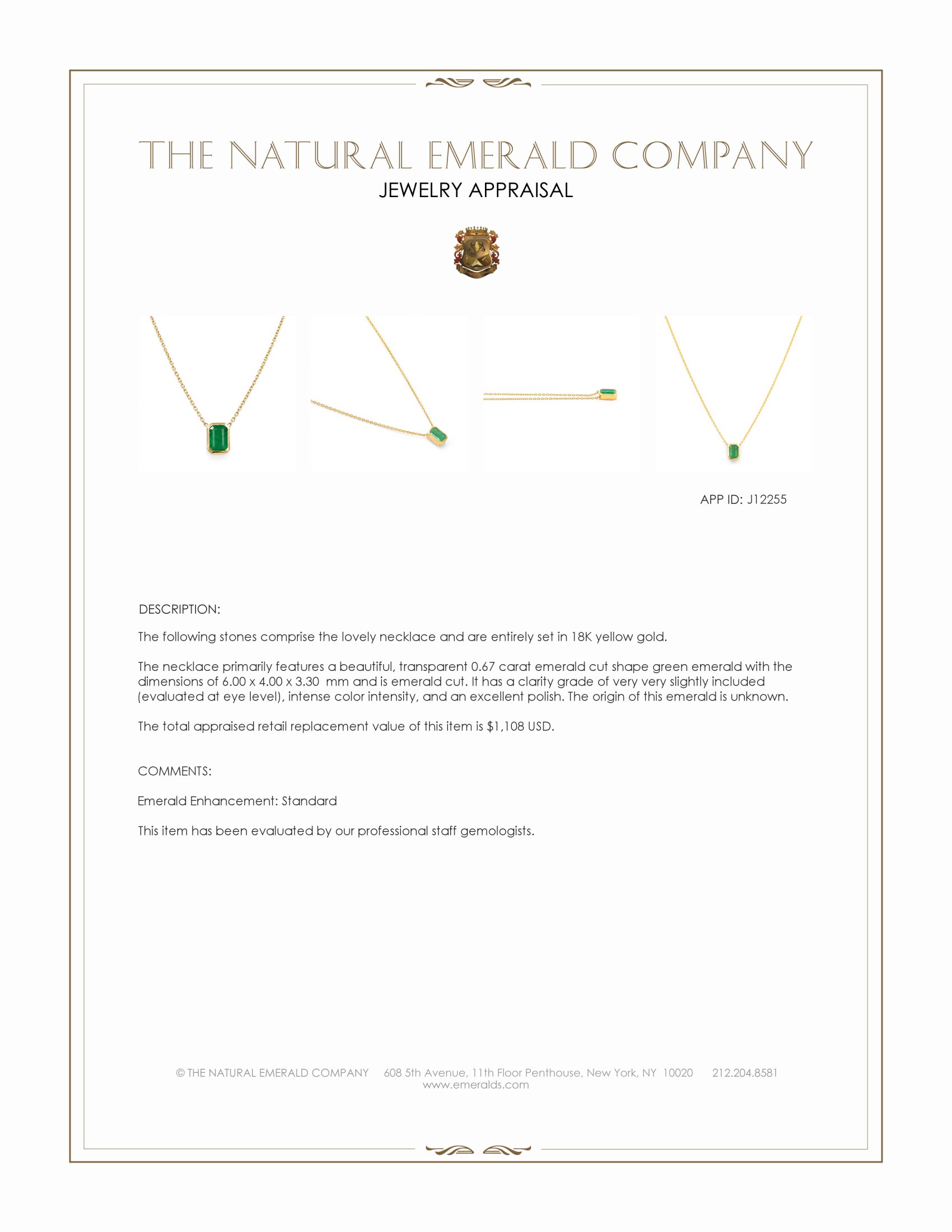 0.67 Ct. Emerald Bezel Necklace, 18K Yellow Gold