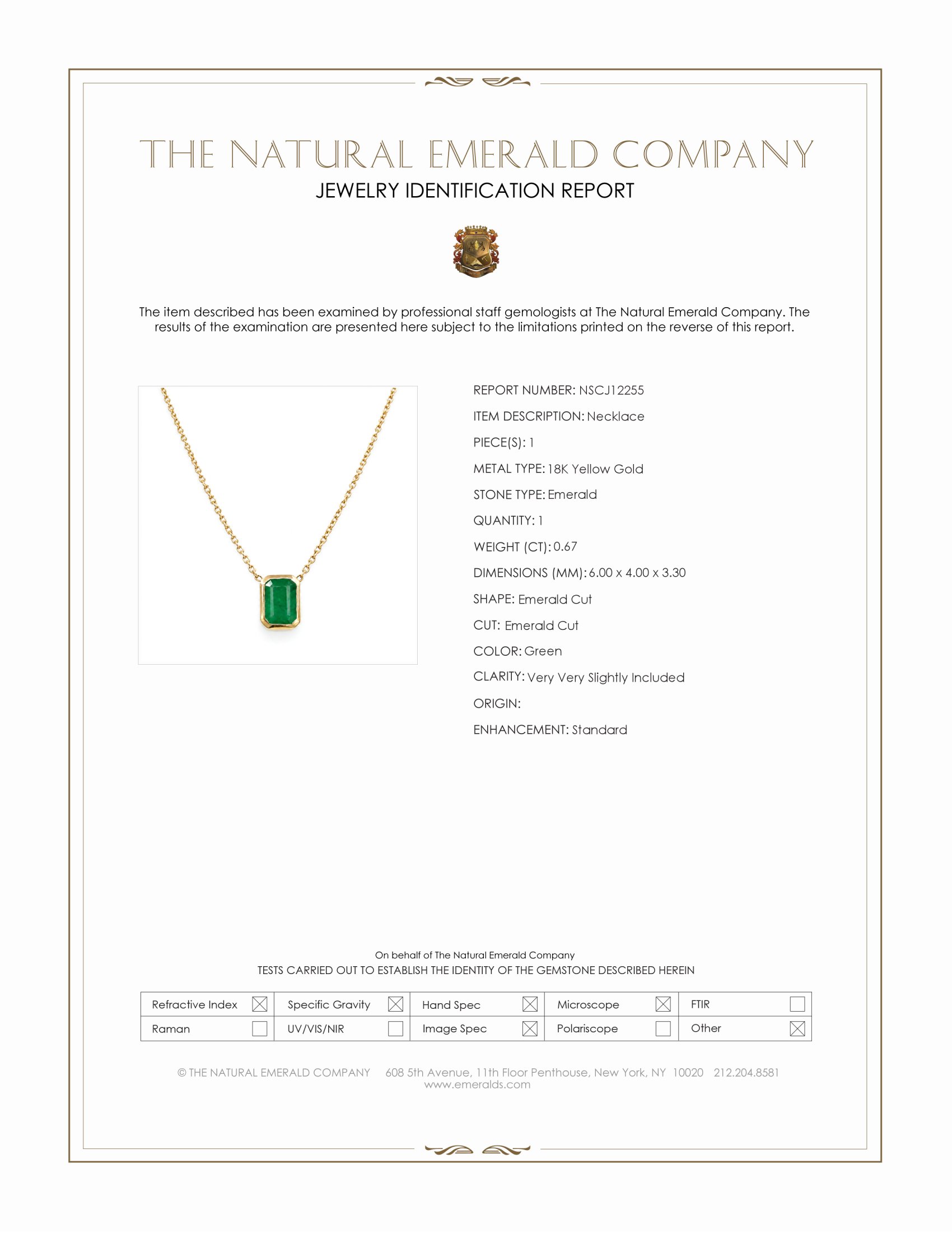 0.67 Ct. Emerald Bezel Necklace, 18K Yellow Gold