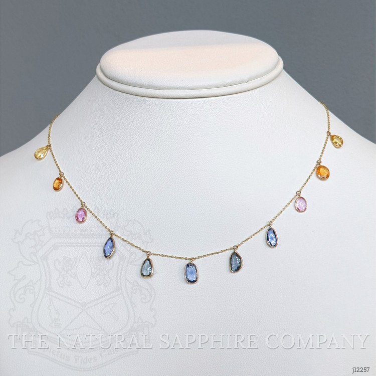 7.44 Ct. Multi Color Sapphire Bezel Necklace, 14K Yellow Gold