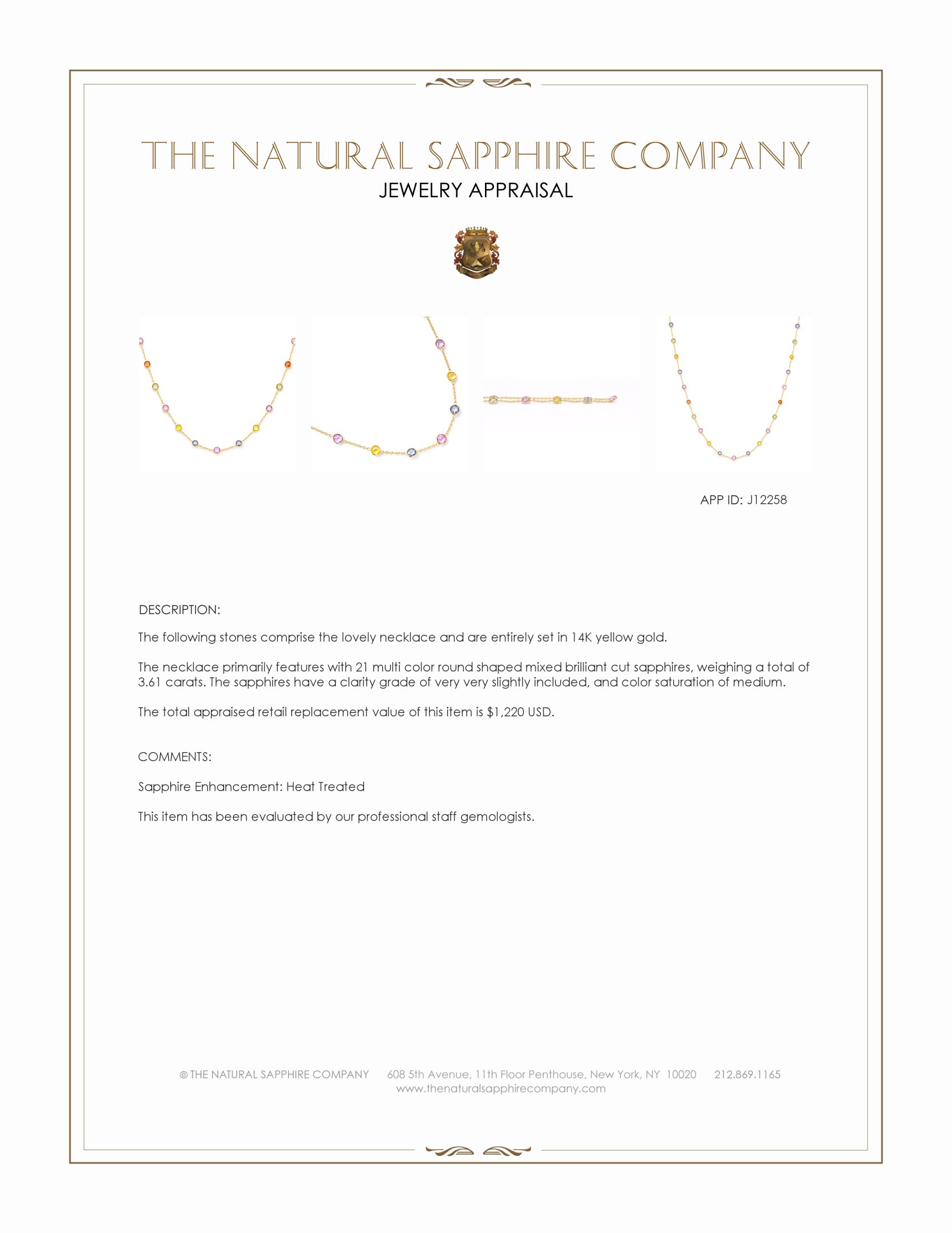 3.61 Ct. Multi Color Sapphire Bezel Necklace, 14K Yellow Gold