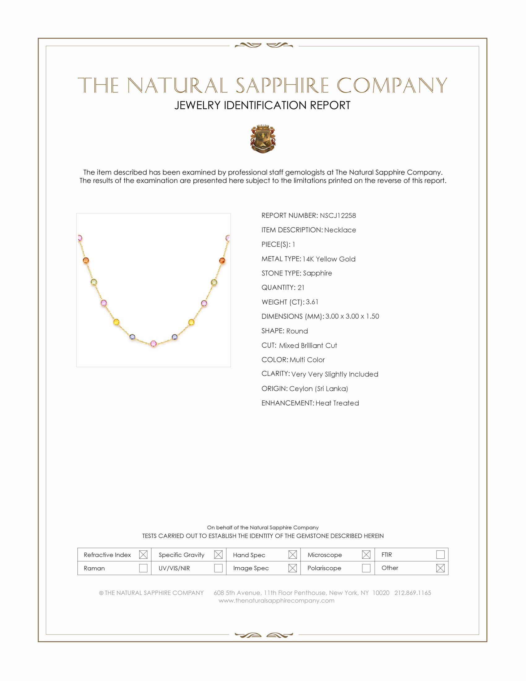 3.61 Ct. Multi Color Sapphire Bezel Necklace, 14K Yellow Gold