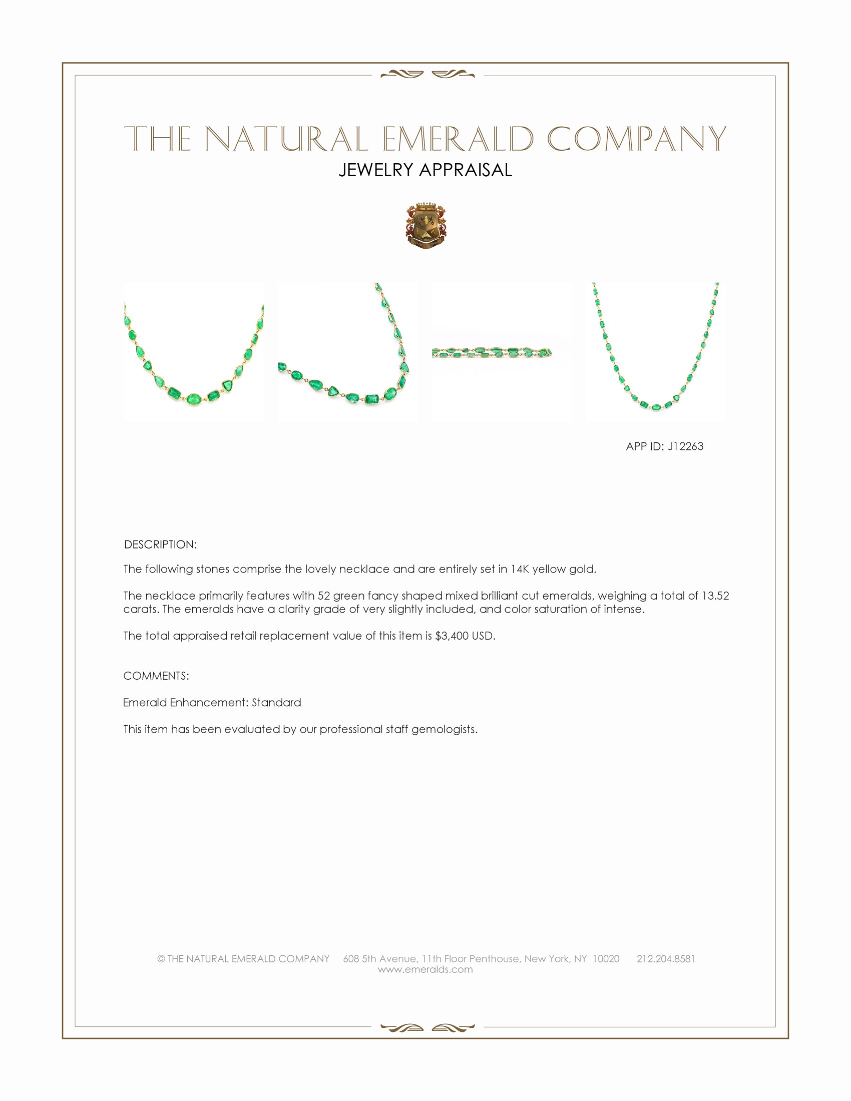 13.52 Ct. Emerald Bezel Necklace, 14K Yellow Gold