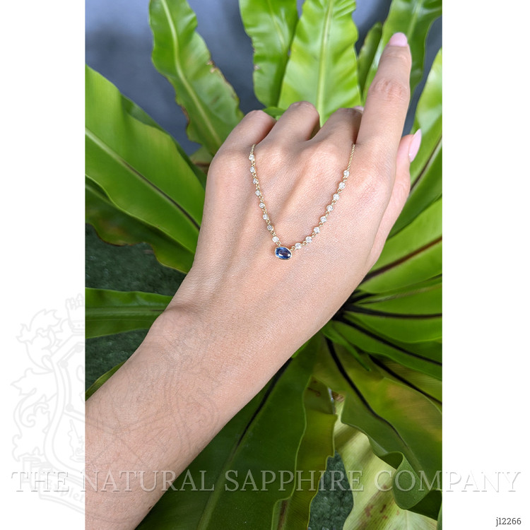0.68 Ct. Blue Sapphire and Natural Diamond Bezel Necklace, 14K Yellow Gold