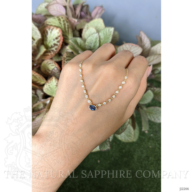 0.68 Ct. Blue Sapphire and Natural Diamond Bezel Necklace, 14K Yellow Gold