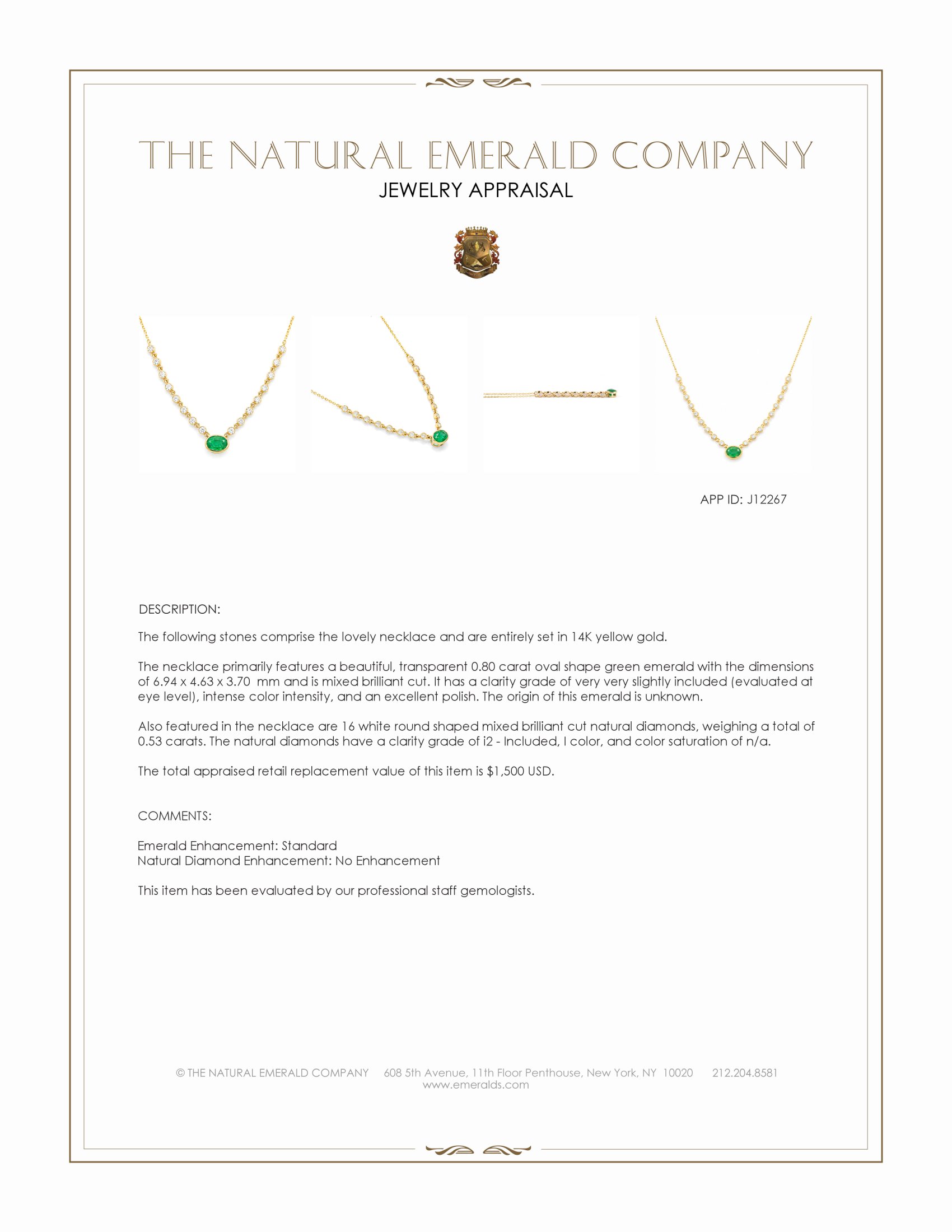 0.80 Ct. Emerald and Natural Diamond Bezel Necklace, 14K Yellow Gold