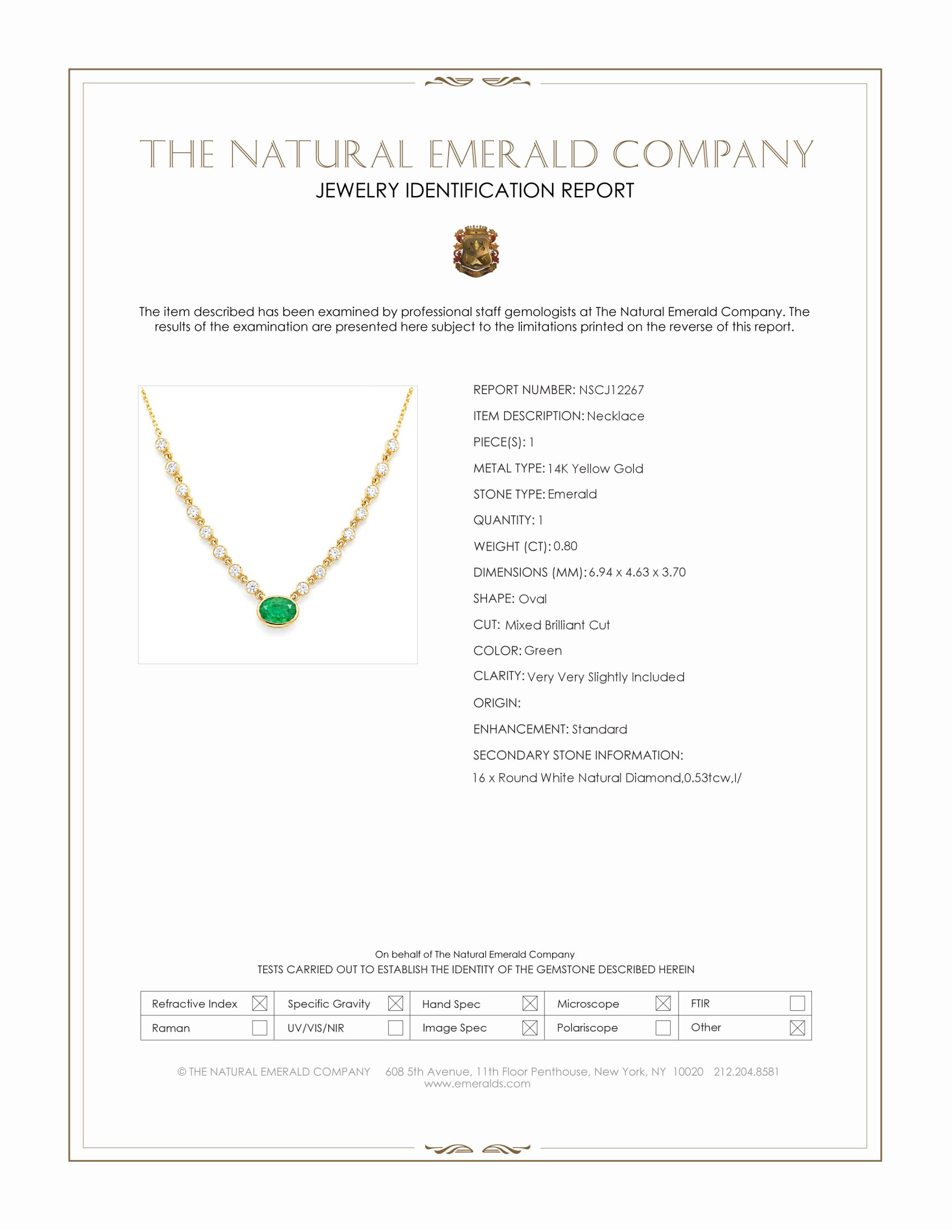 0.80 Ct. Emerald and Natural Diamond Bezel Necklace, 14K Yellow Gold