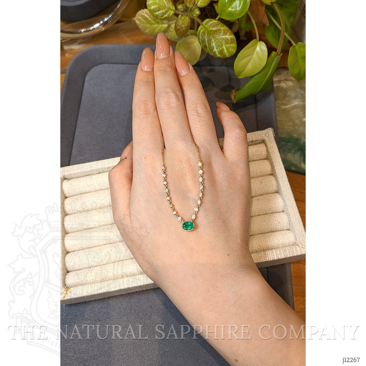 0.80 Ct. Emerald and Natural Diamond Bezel Necklace, 14K Yellow Gold