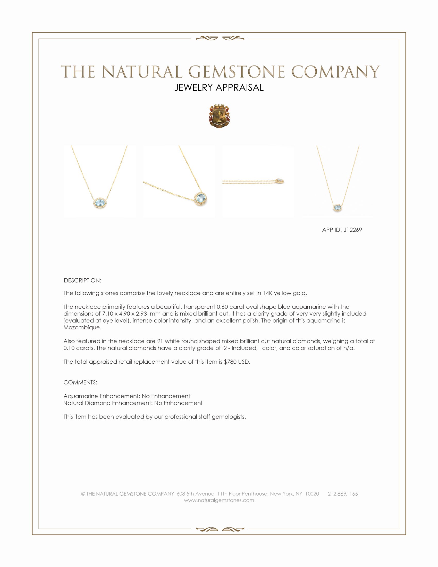 0.60 Ct. Blue Aquamarine and Natural Diamond Pave Necklace, 14K Yellow Gold