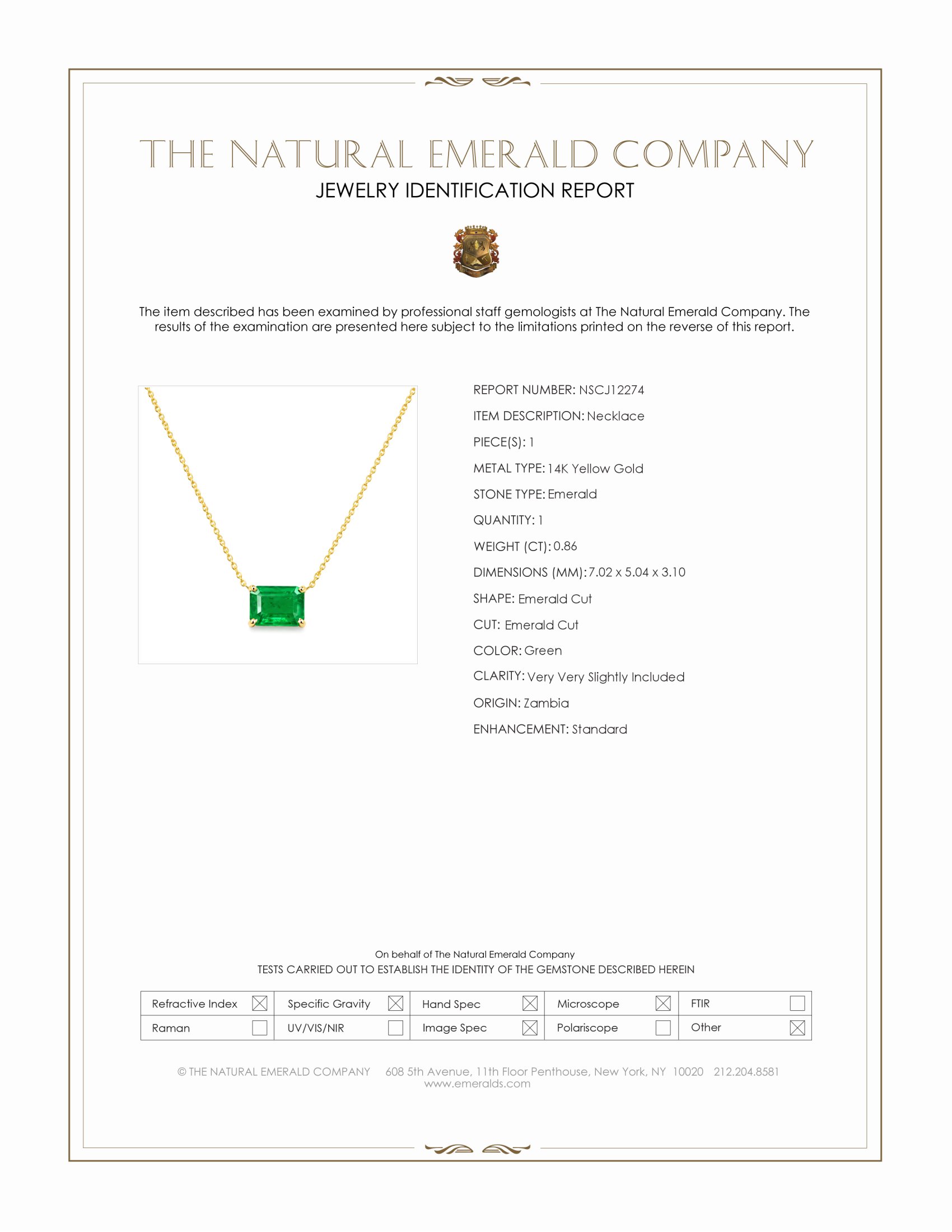 0.86 Ct. Emerald Solitaire Necklace, 14K Yellow Gold