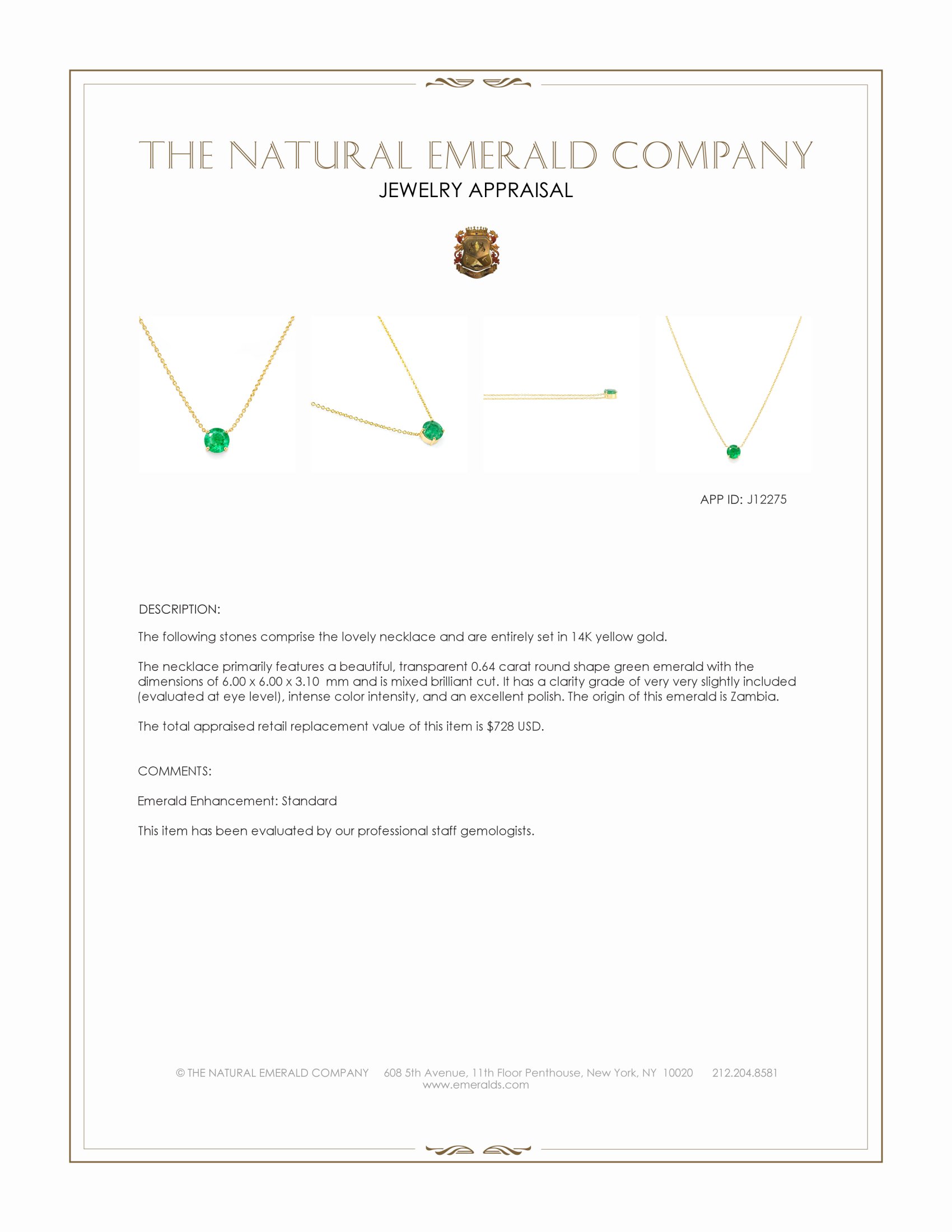 0.64 Ct. Emerald Solitaire Necklace, 14K Yellow Gold