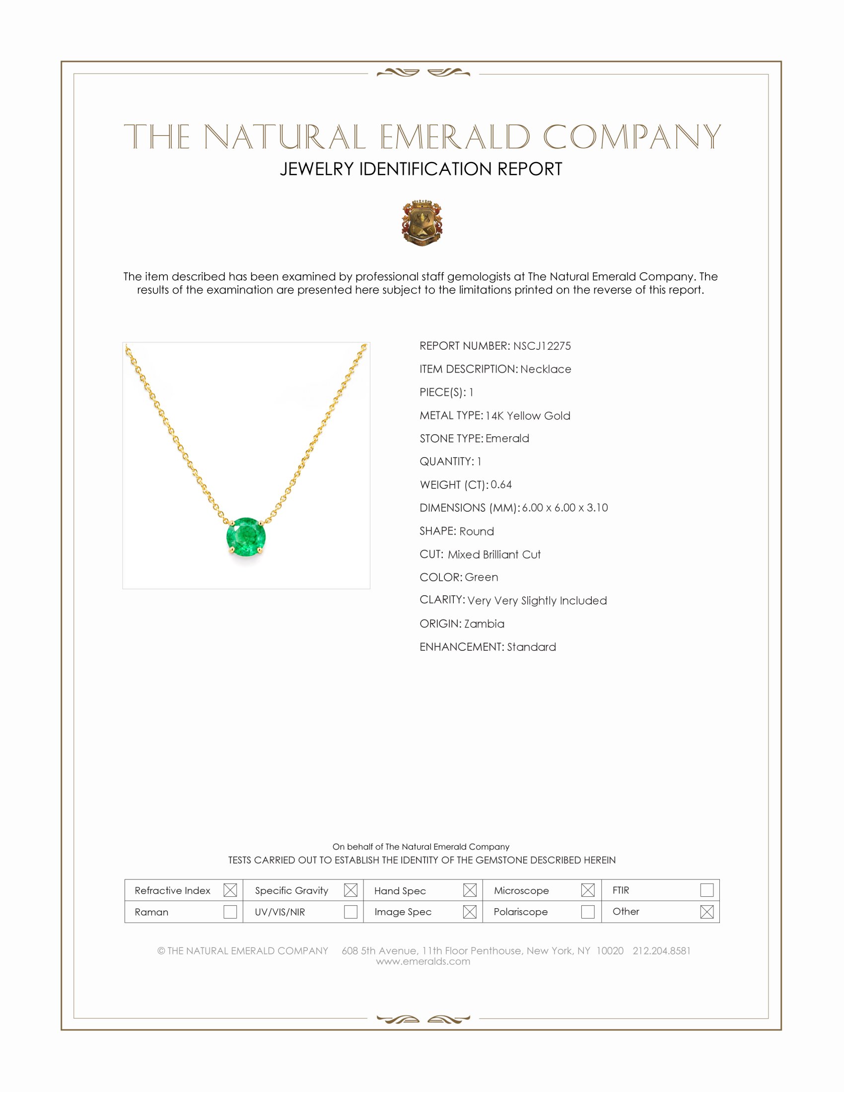 0.64 Ct. Emerald Solitaire Necklace, 14K Yellow Gold