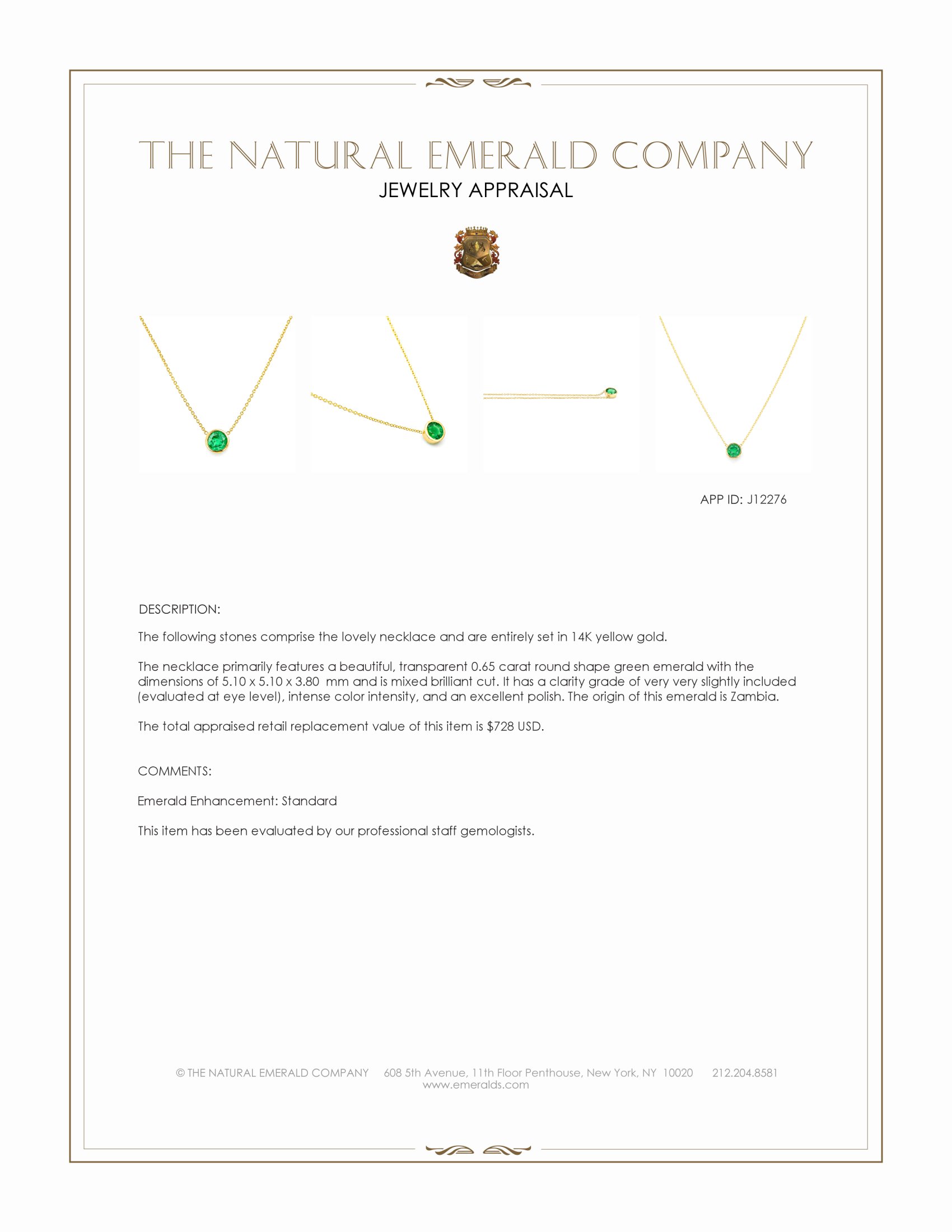 0.65 Ct. Emerald Bezel Necklace, 14K Yellow Gold